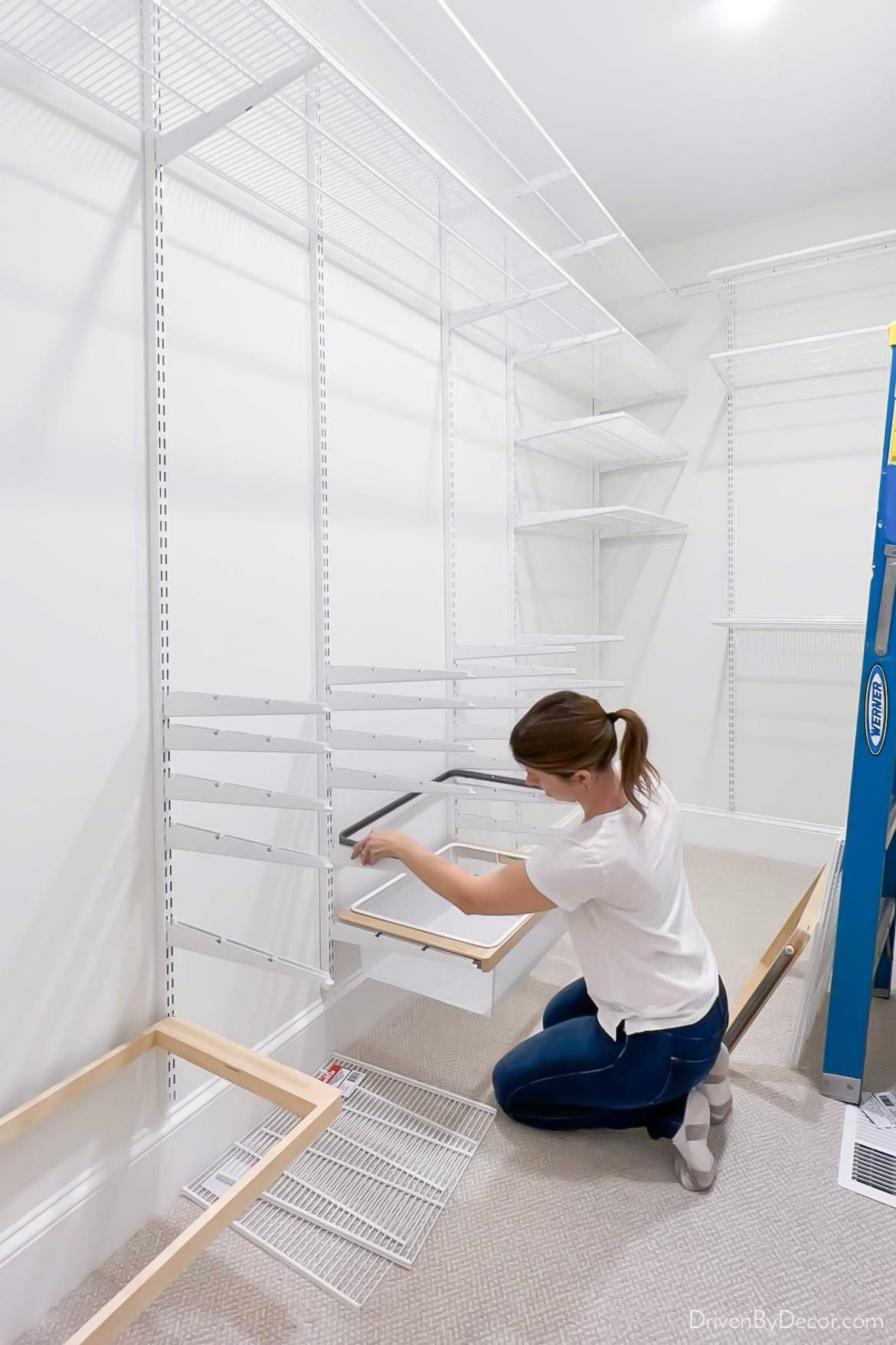 Elfa Classic White Walk-In Pantry with Door & Wall Rack