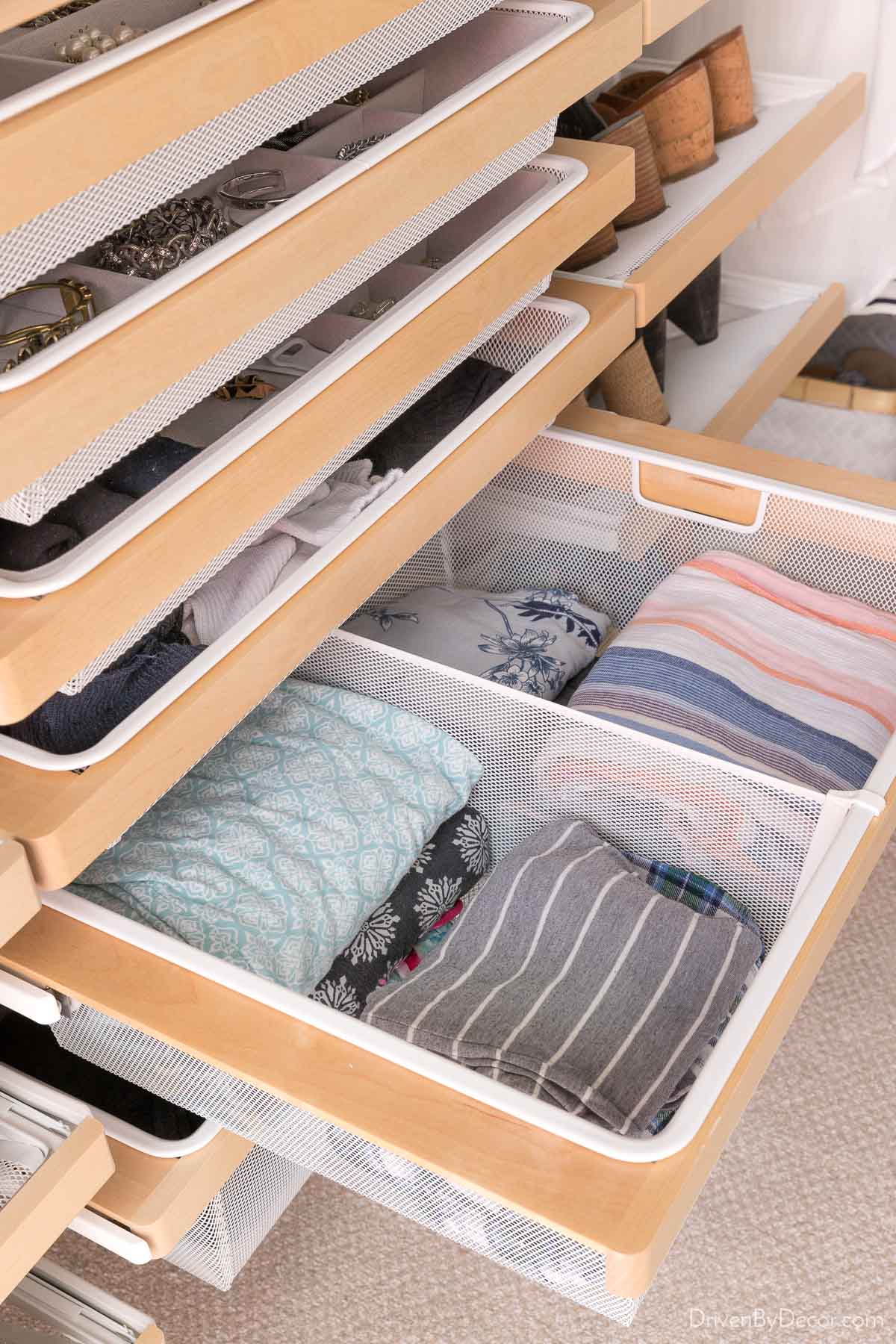 The Elfa closet system's wire mesh drawers