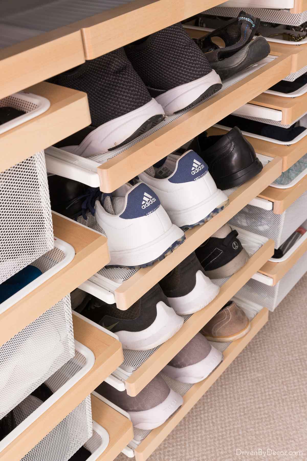 The Elfa pull-out shoe racks in our closet