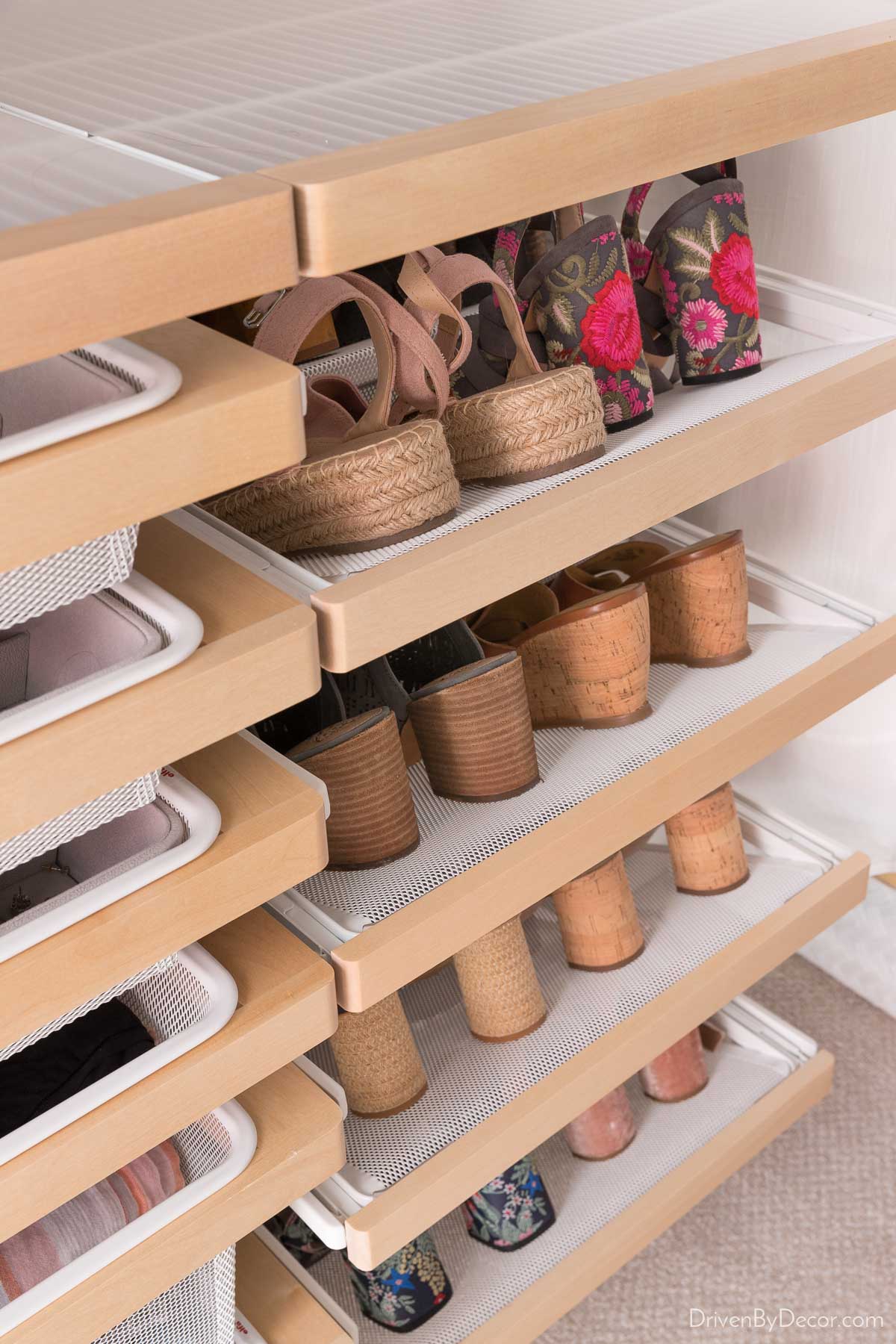 The Elfa closet system's gliding shoe shelves