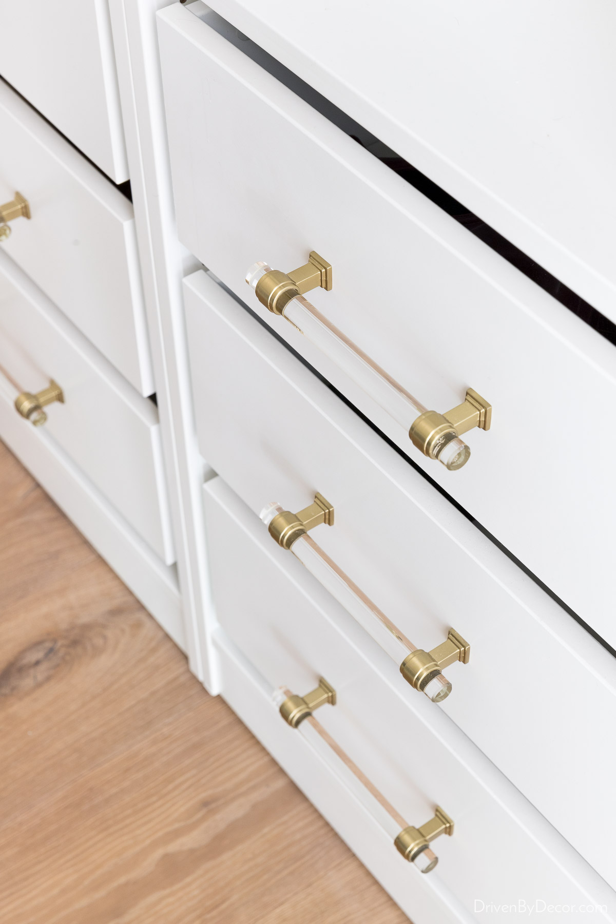 Acrylic pulls dress up these IKEA PAX drawer fronts