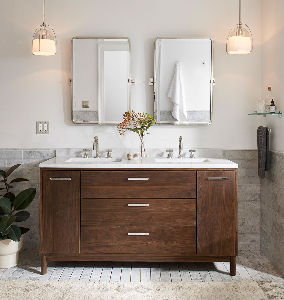 Love the look of small pendants instead of sconces flanking a bathroom vanity