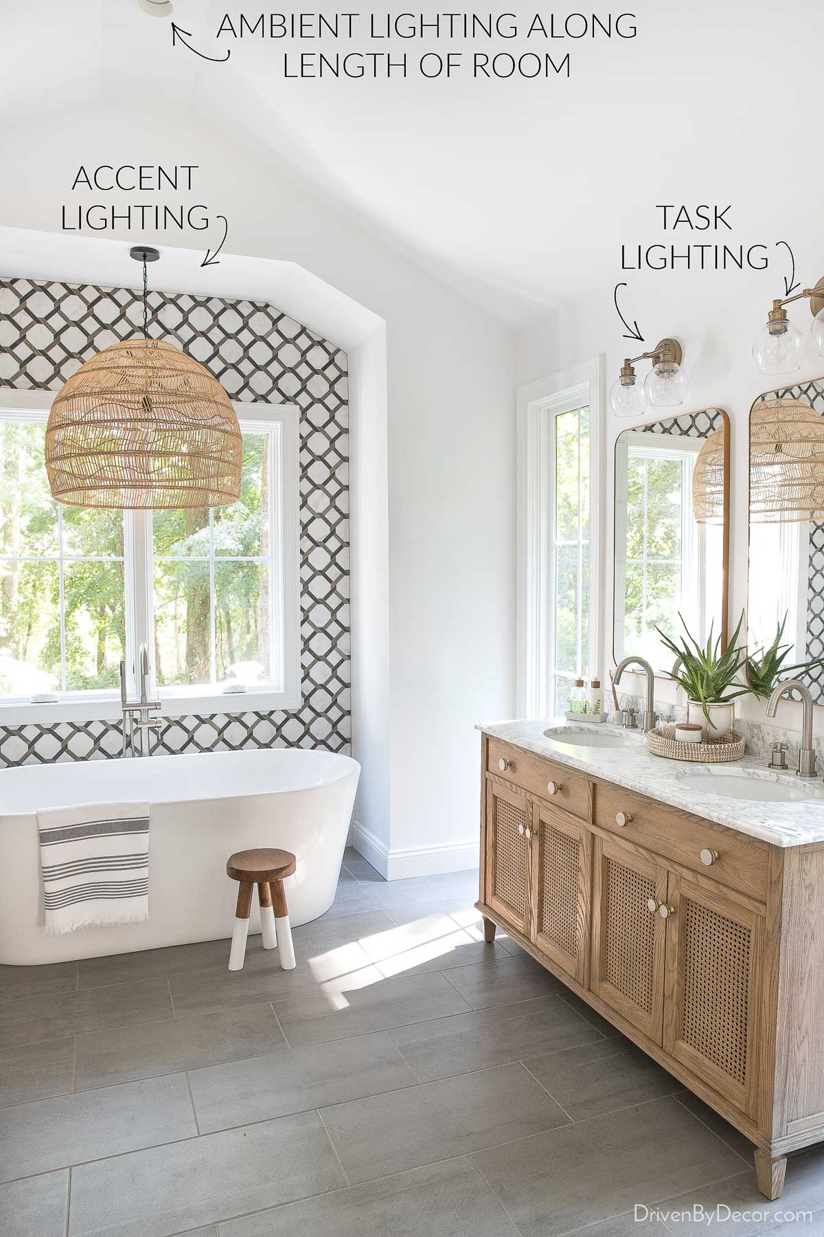 Different layers of light in the bathroom - ambient, task, and accent