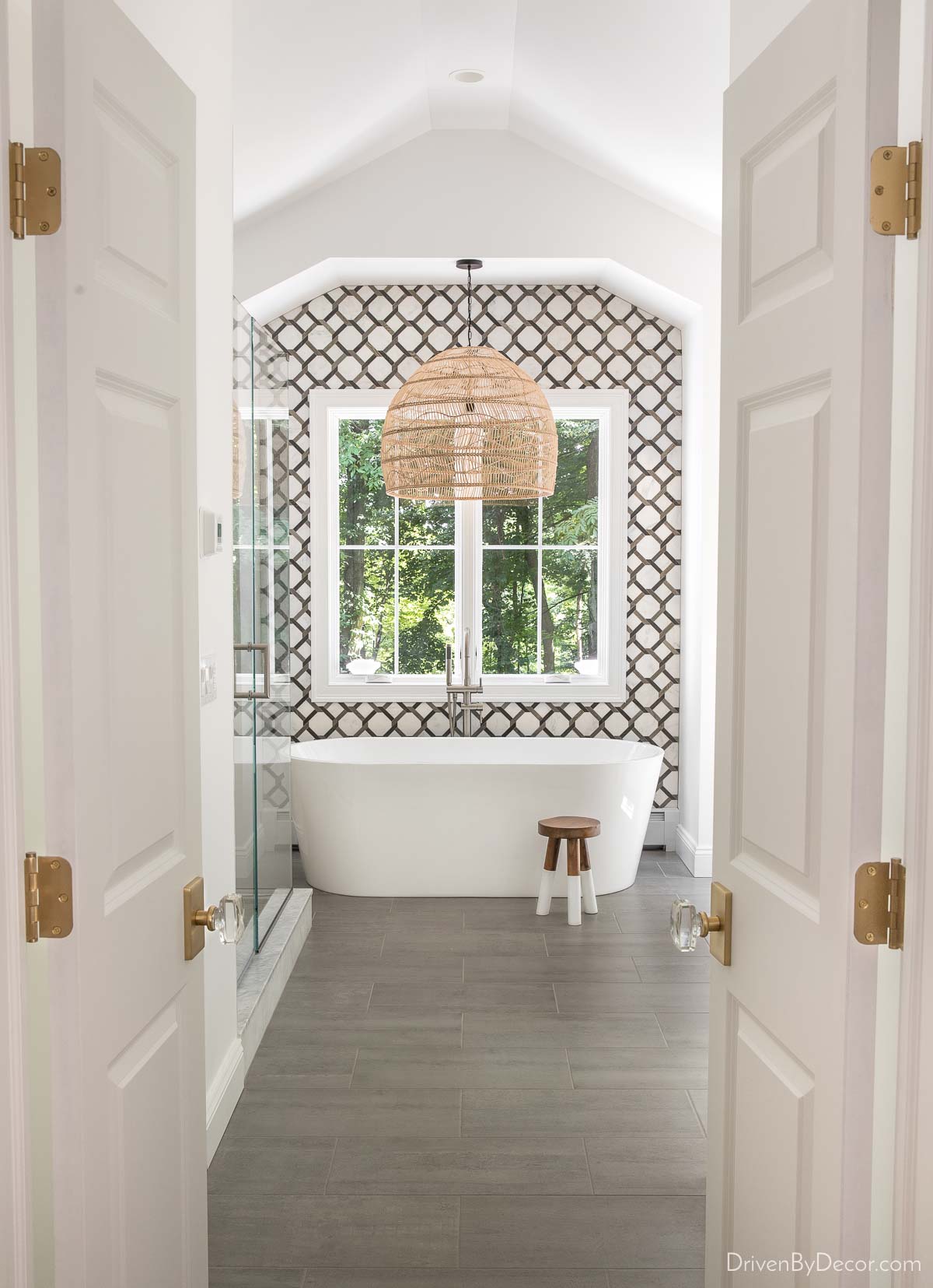 The woven pendant above our bathtub is a statement-maker!