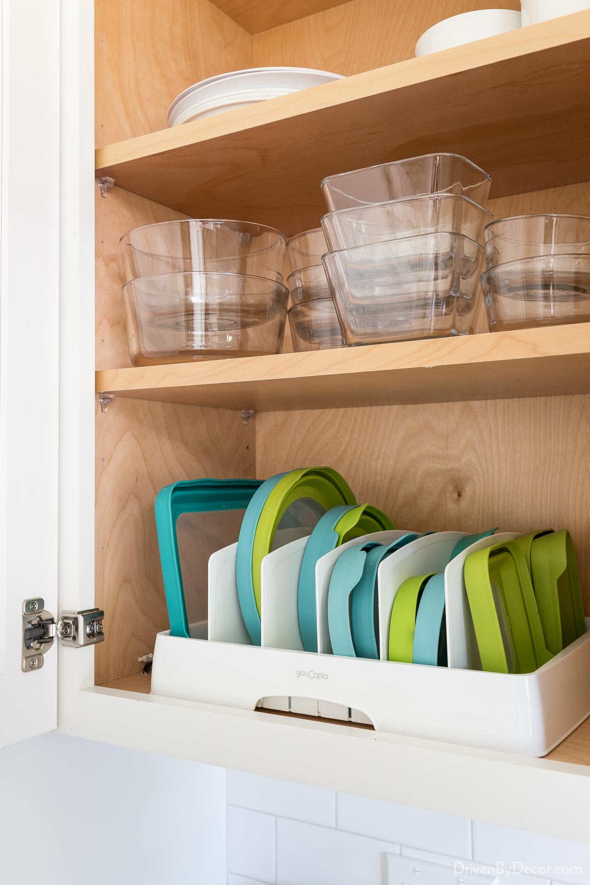 Food storage container lid organizer for kitchen cabinet organization