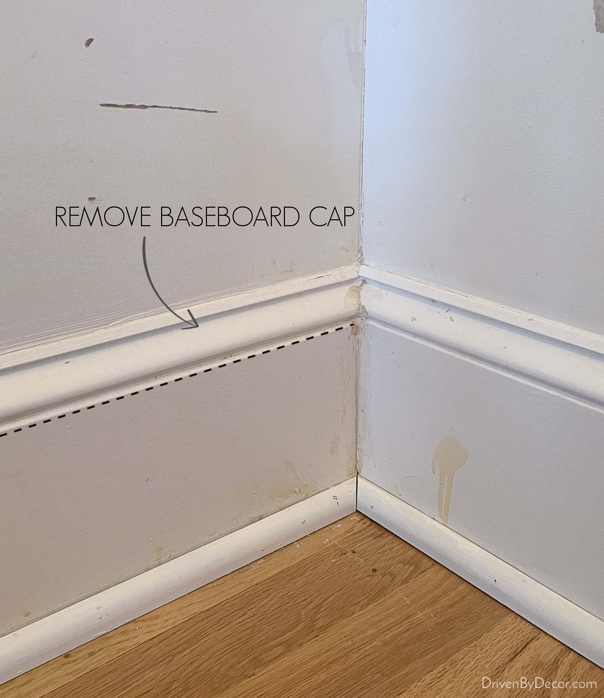 Cap on baseboards that was removed for shiplap installation