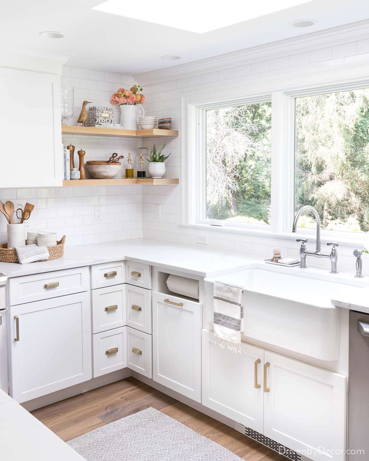 Floating corner shelves in our kitchen remodel