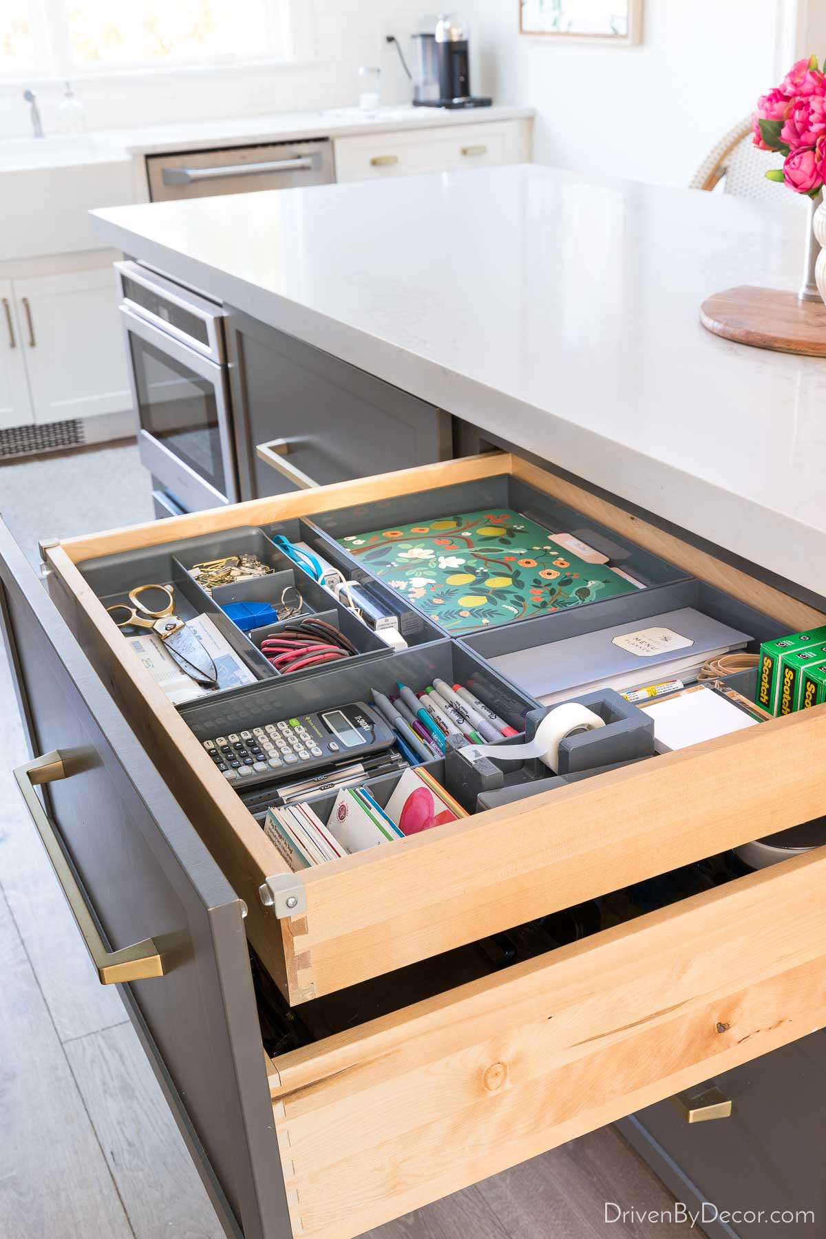 A roll out drawer in our kitchen island that we used for desk supplies
