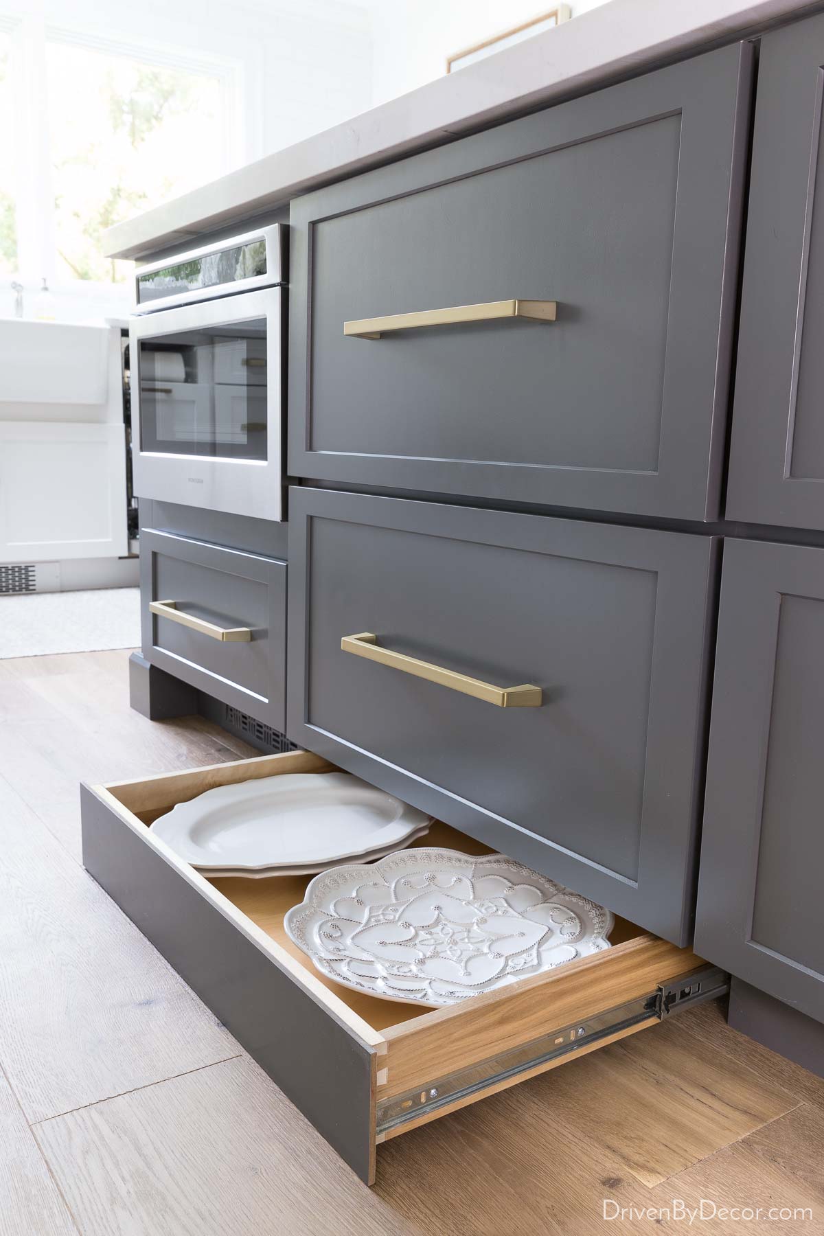 Toekick drawer in kitchen island for extra storage