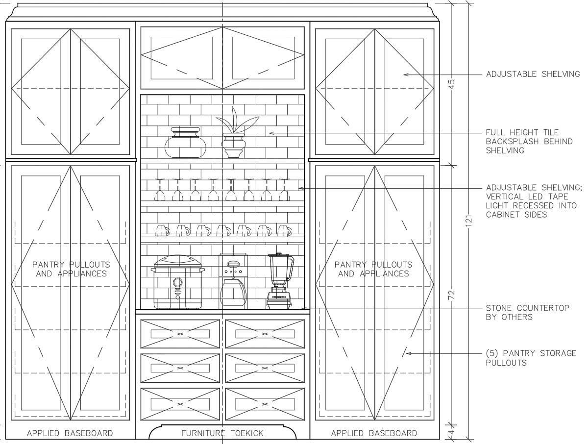 Cabinet plans for our scullery with open shelving above the coffee station