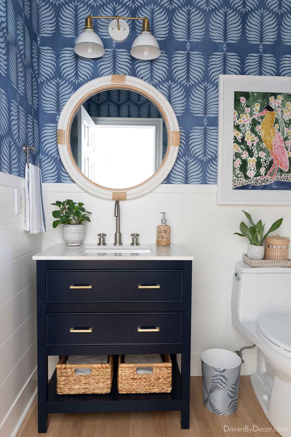 The 30" navy small bathroom vanity in our hall bathroom
