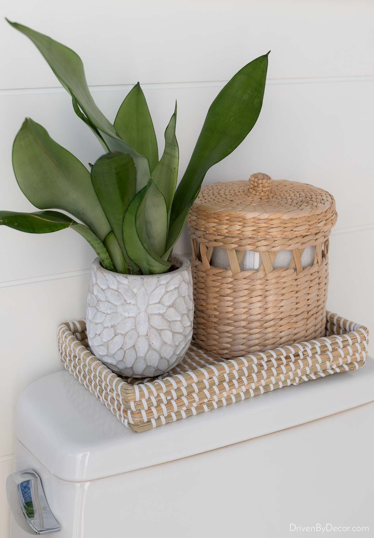 Woven toilet tray with plant and holder for an extra roll of TP