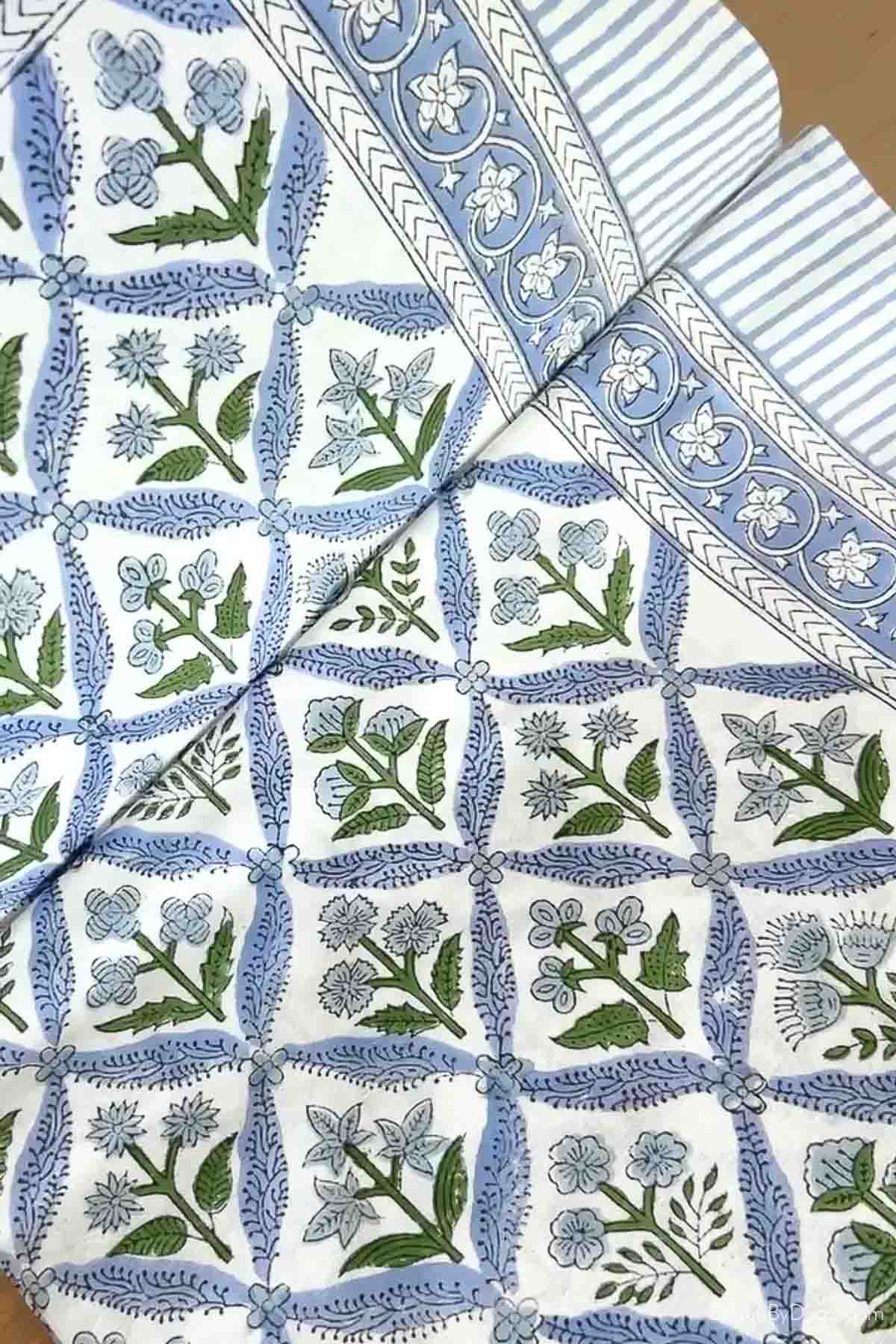 Blue block print tablecloth close-up