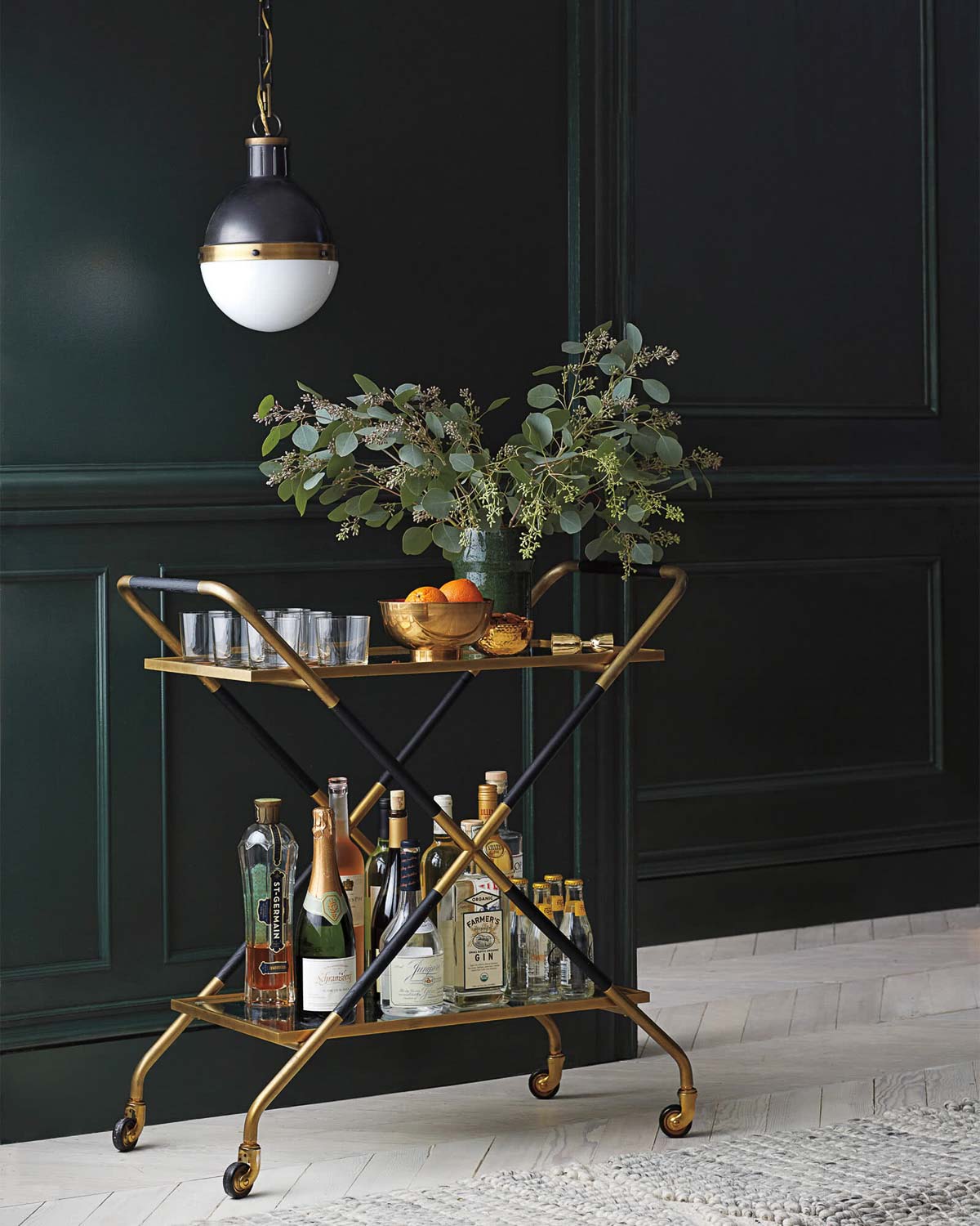 Bar cart in dining room - a great decor piece!