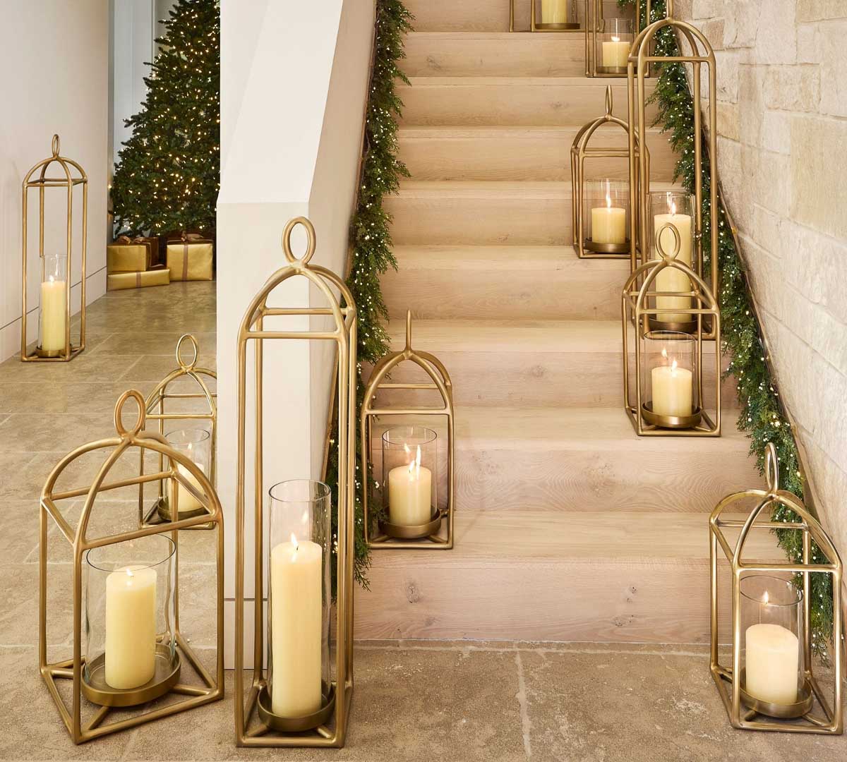Outdoor steps lined with gold lanterns