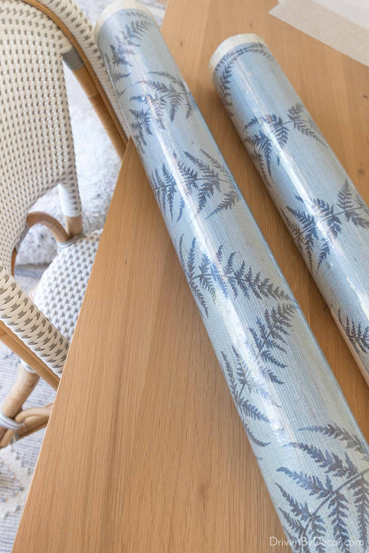 Blue patterned grasscloth wallpaper for the back of our bookcases