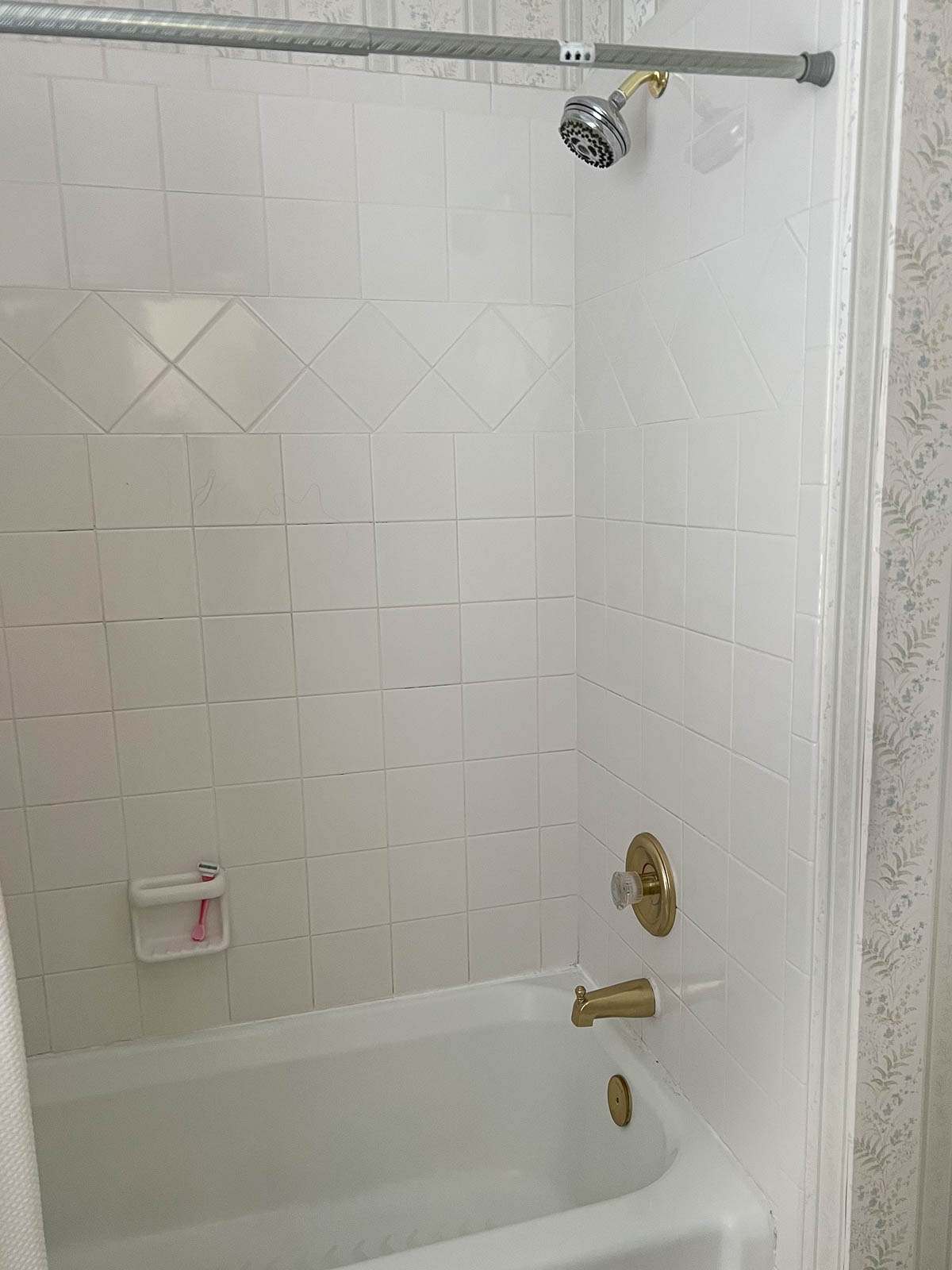 Shower before remodeling with old brass hardware