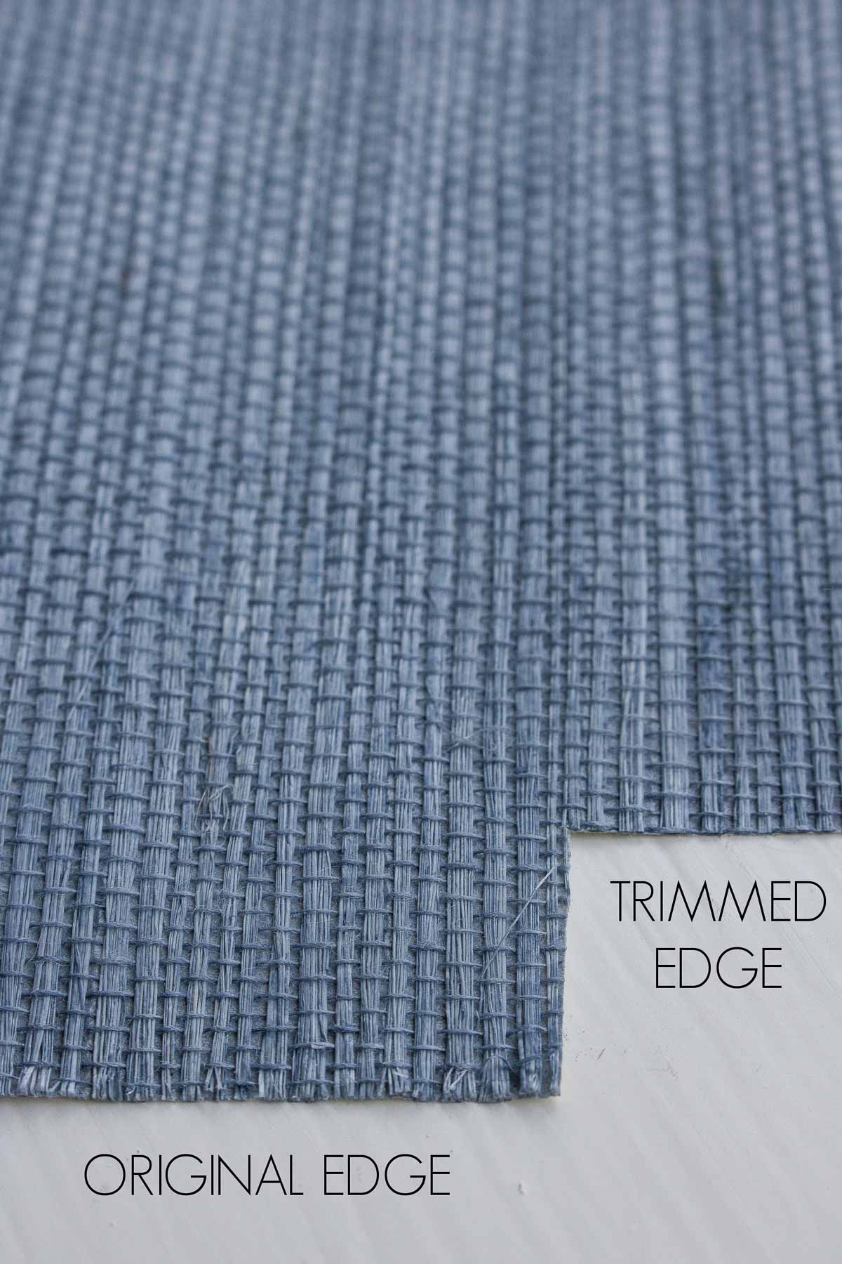 Grasscloth wallpaper edge - original vs. trimmed