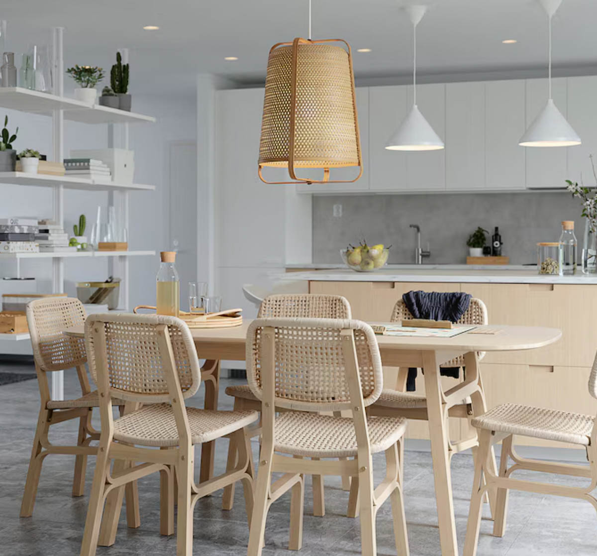 Inexpensive woven Ikea dining chair with bamboo frame