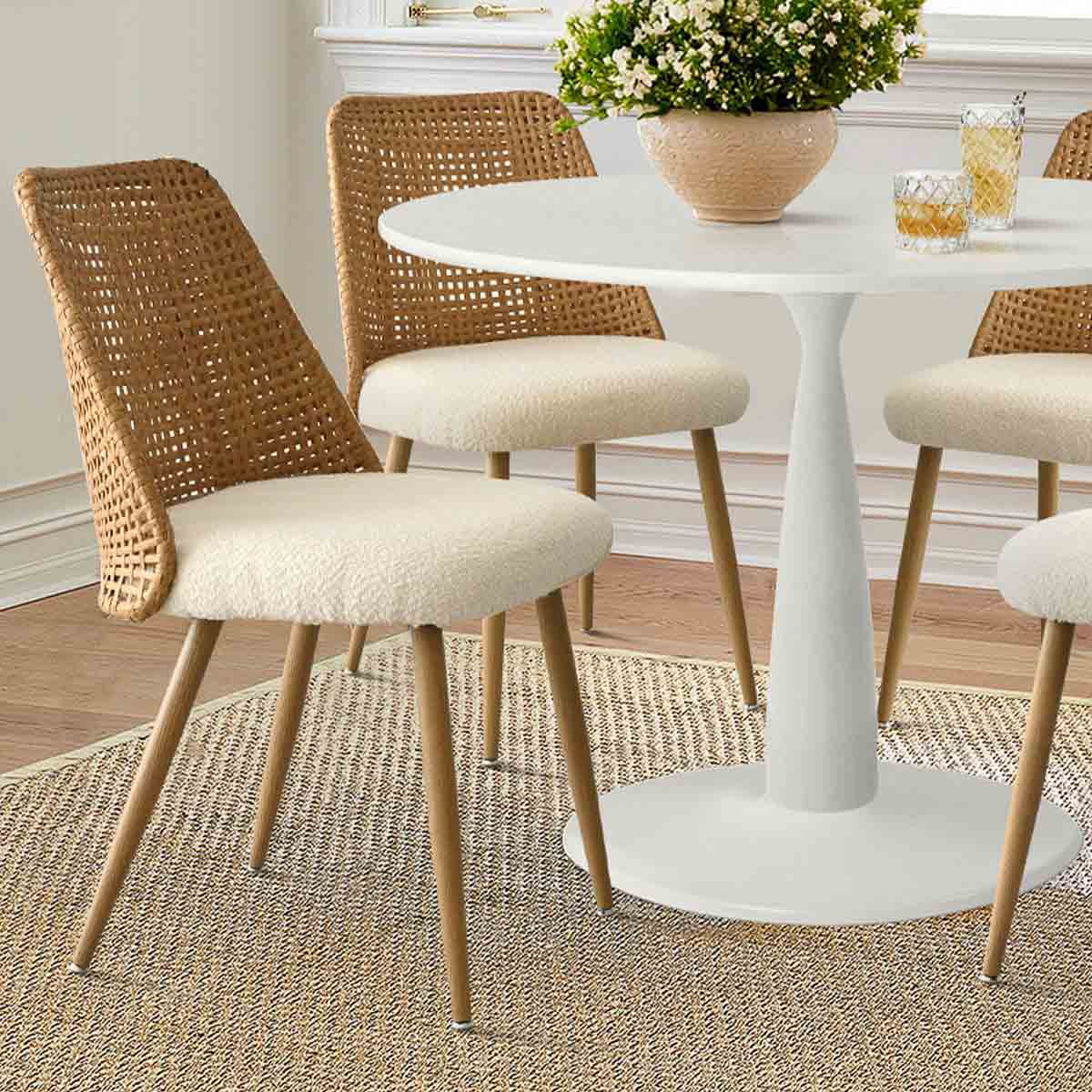 Dining chair with woven back and boucle fabric seat