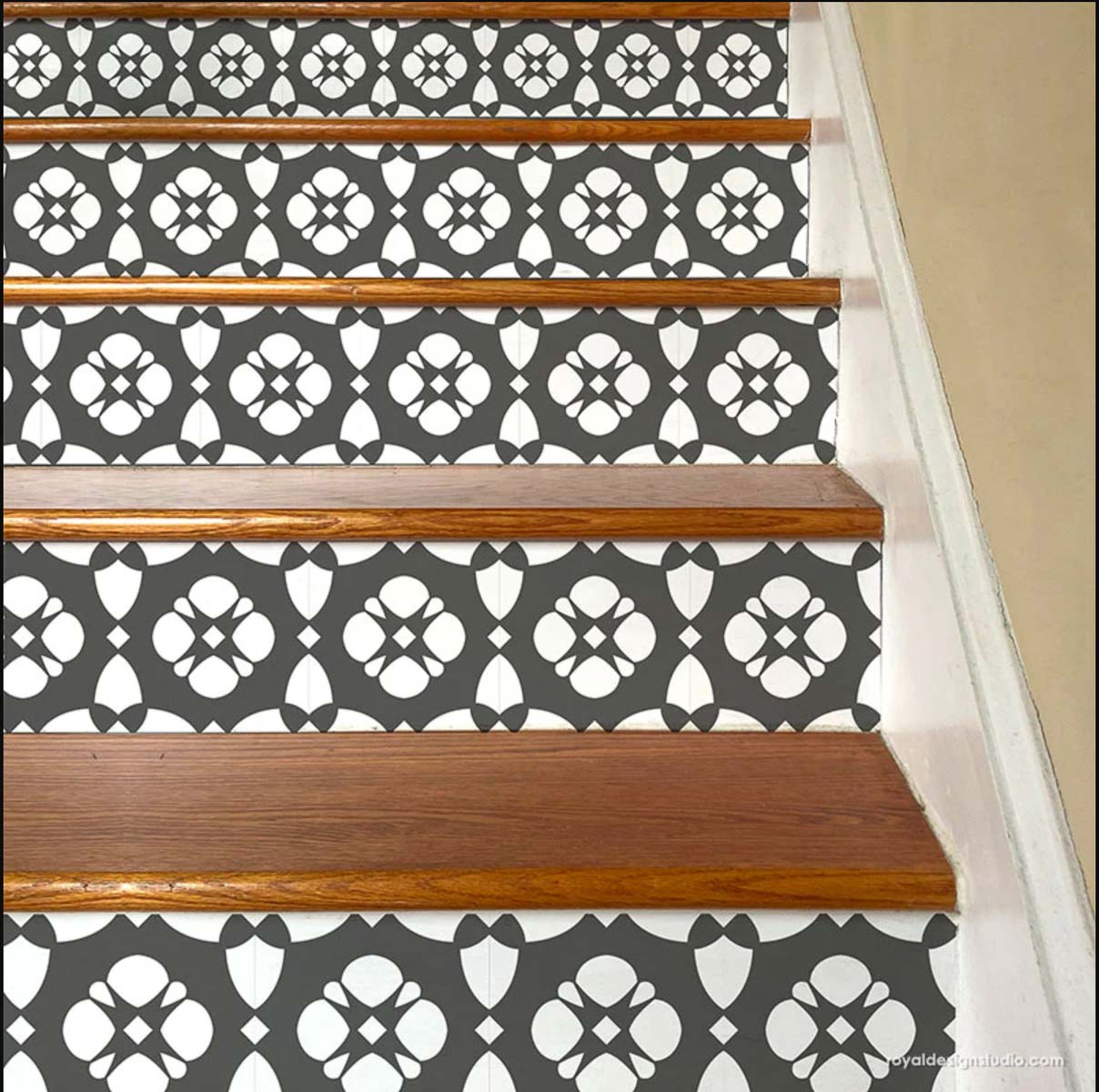 Black & white stenciled stair risers