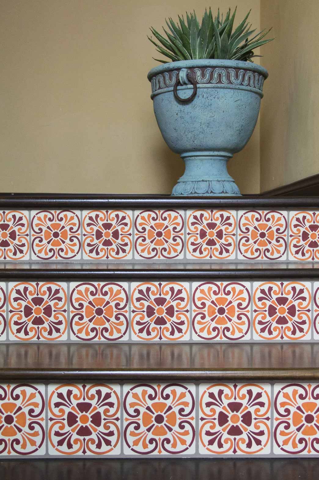 Colorful Tuscan stenciled stair risers