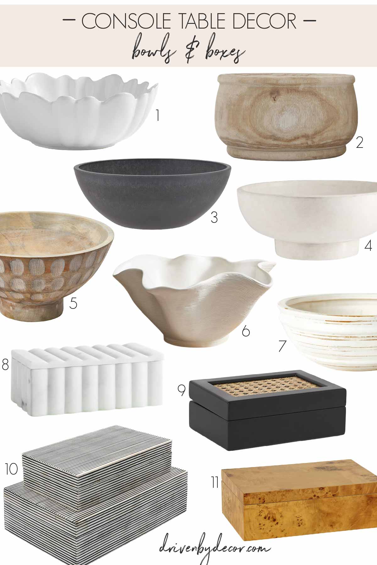 Console table decor - bowls & boxes