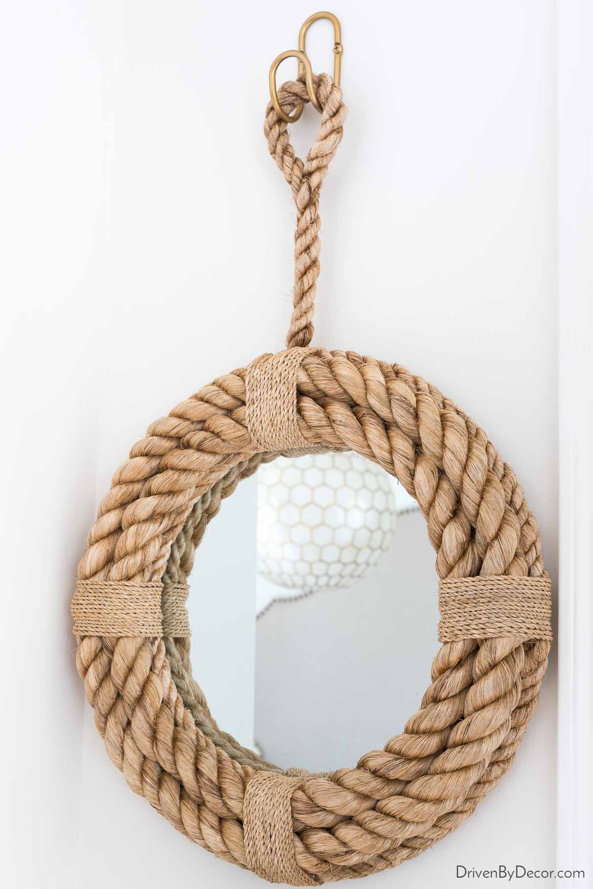 Rope mirror hung with hook turned gold with Rub 'n Buff