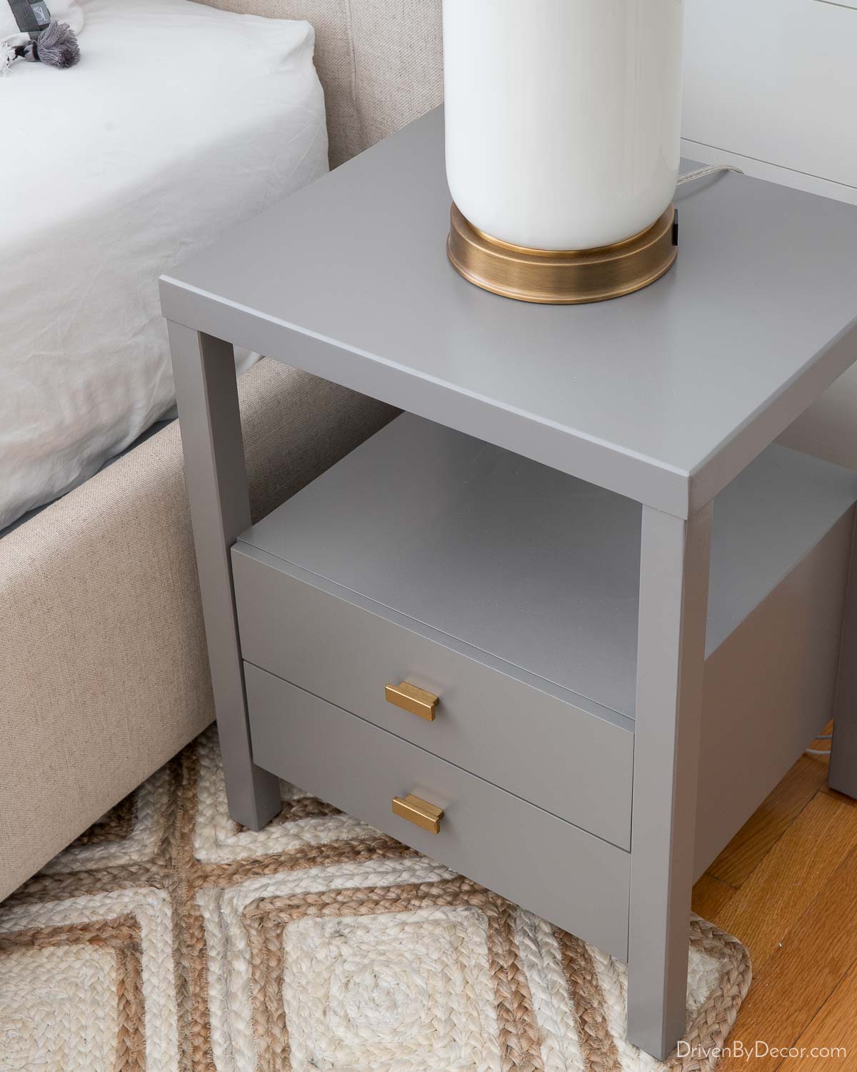 Gray nightstand with knobs turned gold with Rub 'n Buff