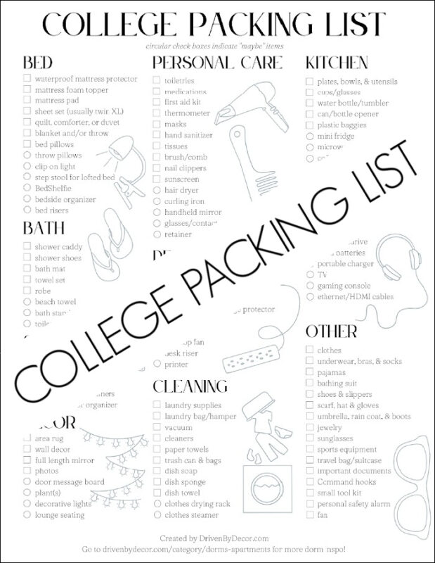 College packing list printable