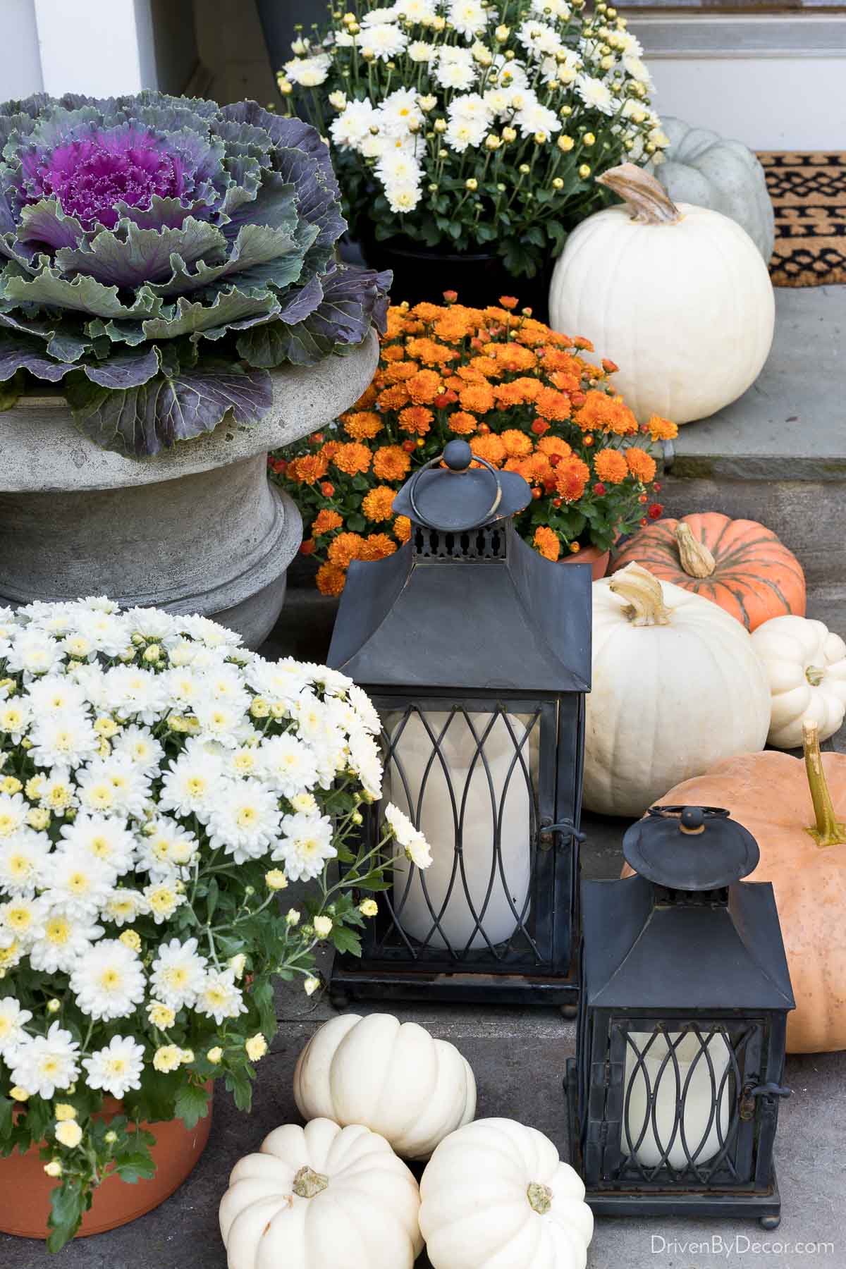 Fall porch decor - mix of lanterns, mums, pumpkins, & cabbages