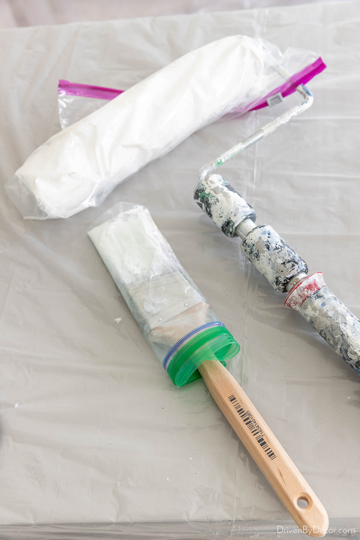 Wrap paintbrush and roller in plastic before storing in refrigerator