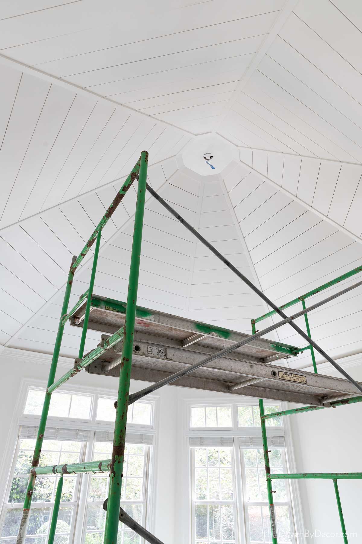 Shiplap ceiling in our octagonal room