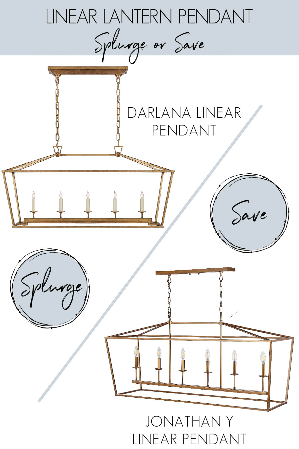 A designer version and look for less version of a linear lantern pendant