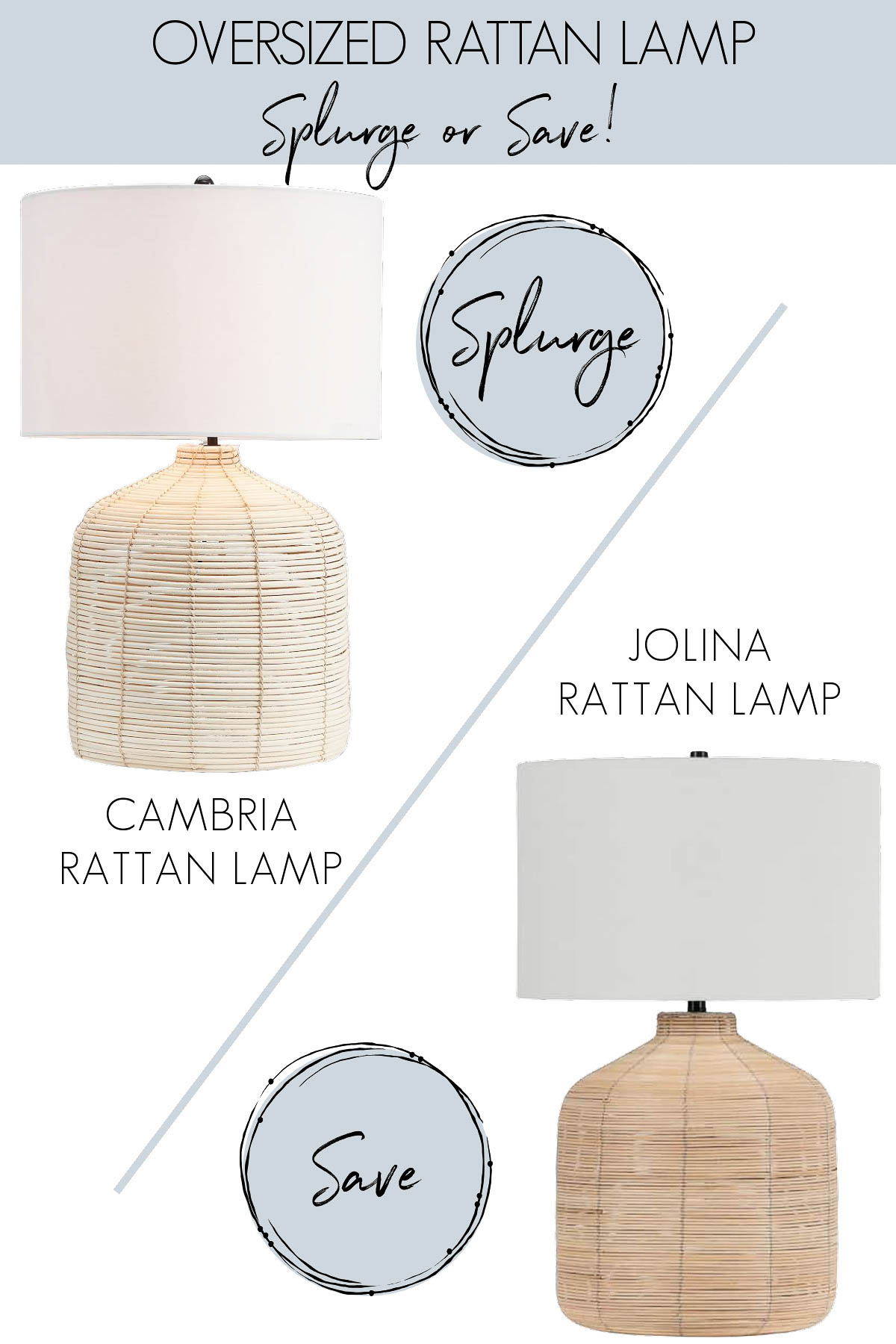 A designer version and look for less version of a large rattan table lamp
