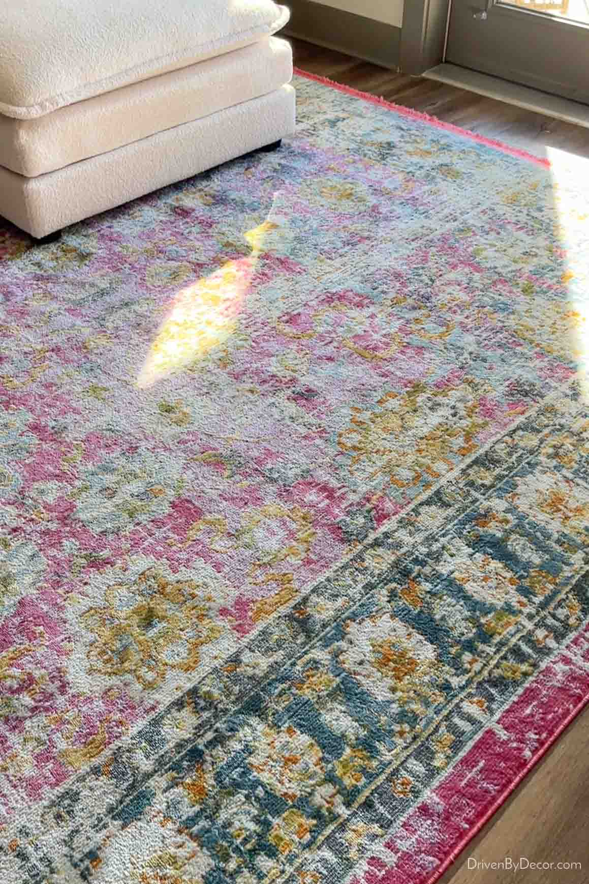 Colorful patterned rug in living room apartment