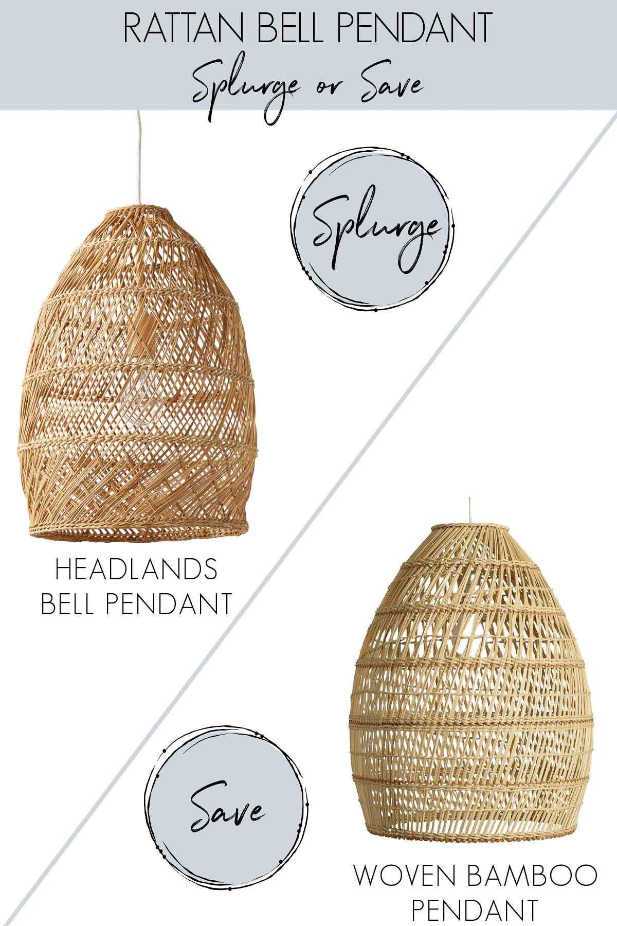 Brand name and less expensive version of a rattan bell pendant