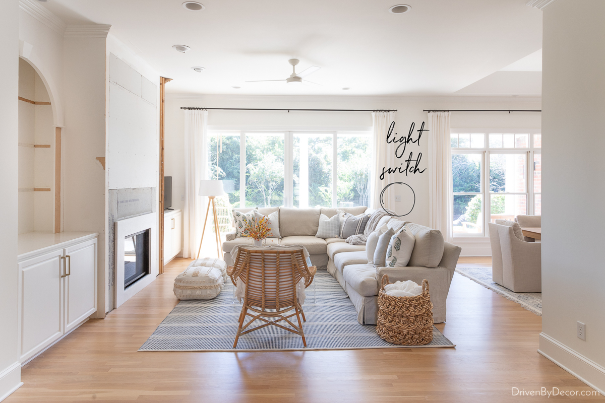 Shows location of family room light switch across the room from where it should be