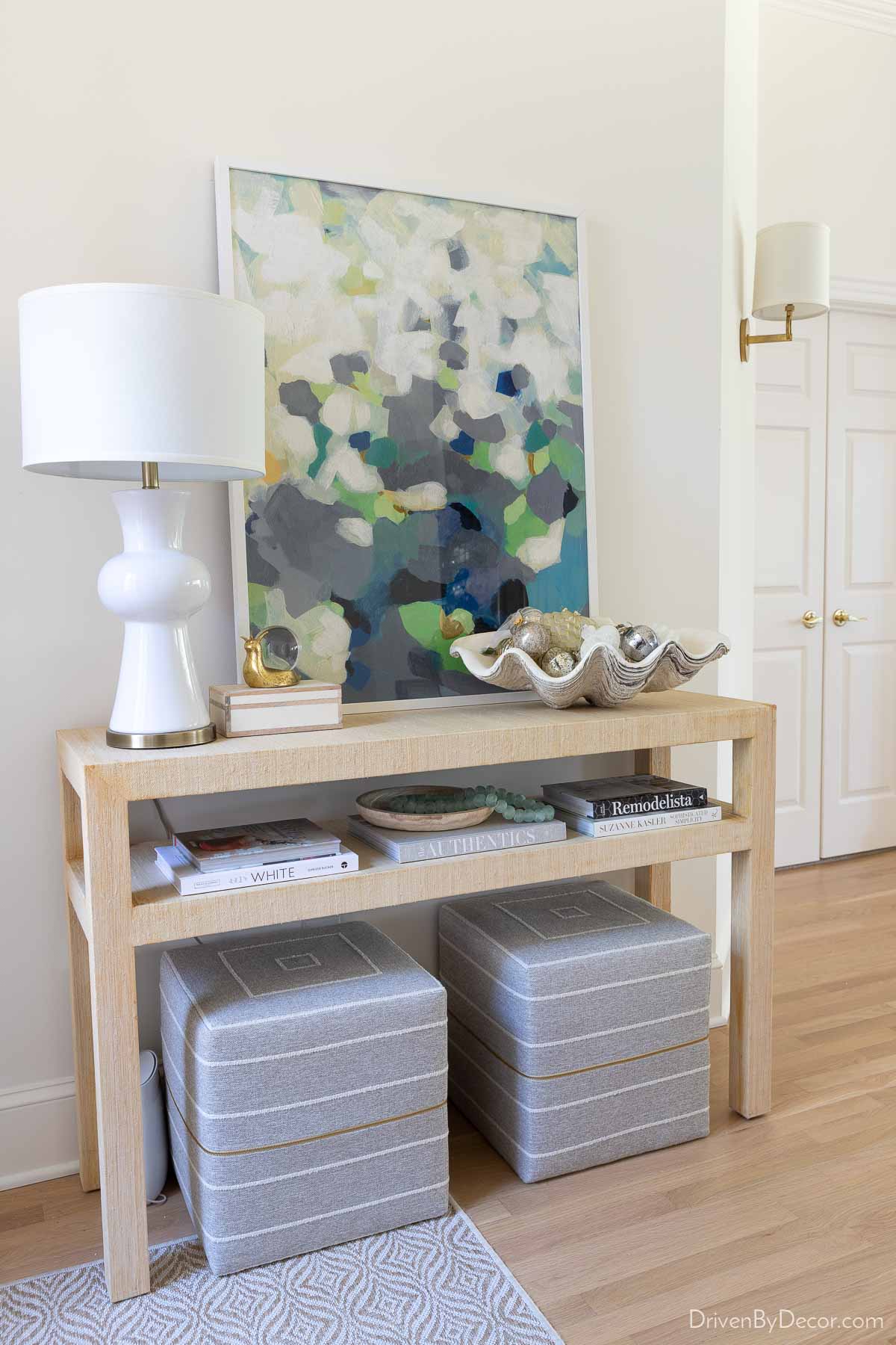 Our entryway console with decorative giant clamshell