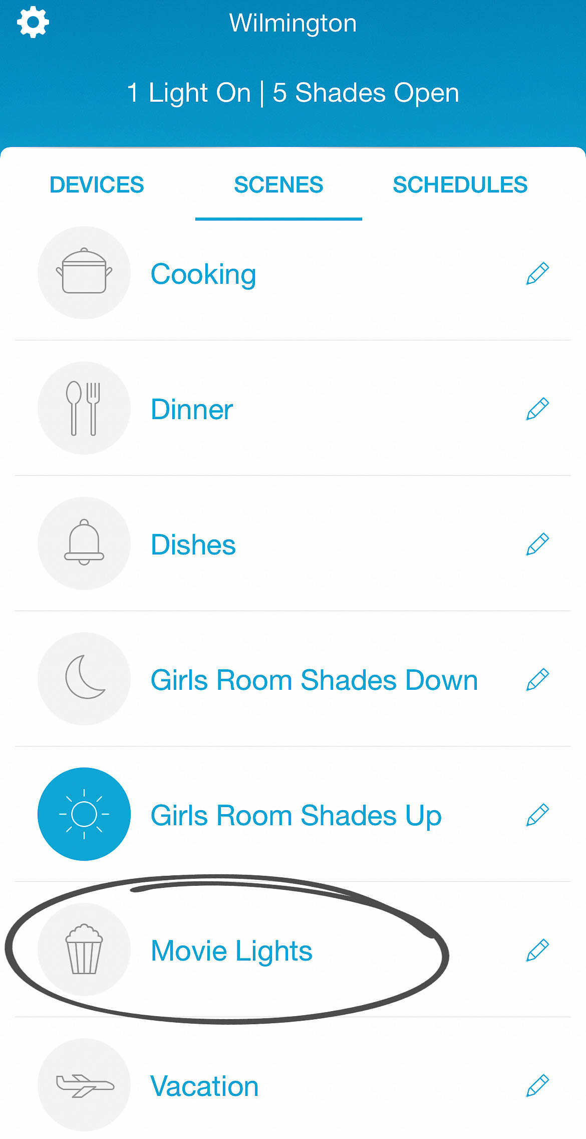 Movie Lights scene circled in Lutron app