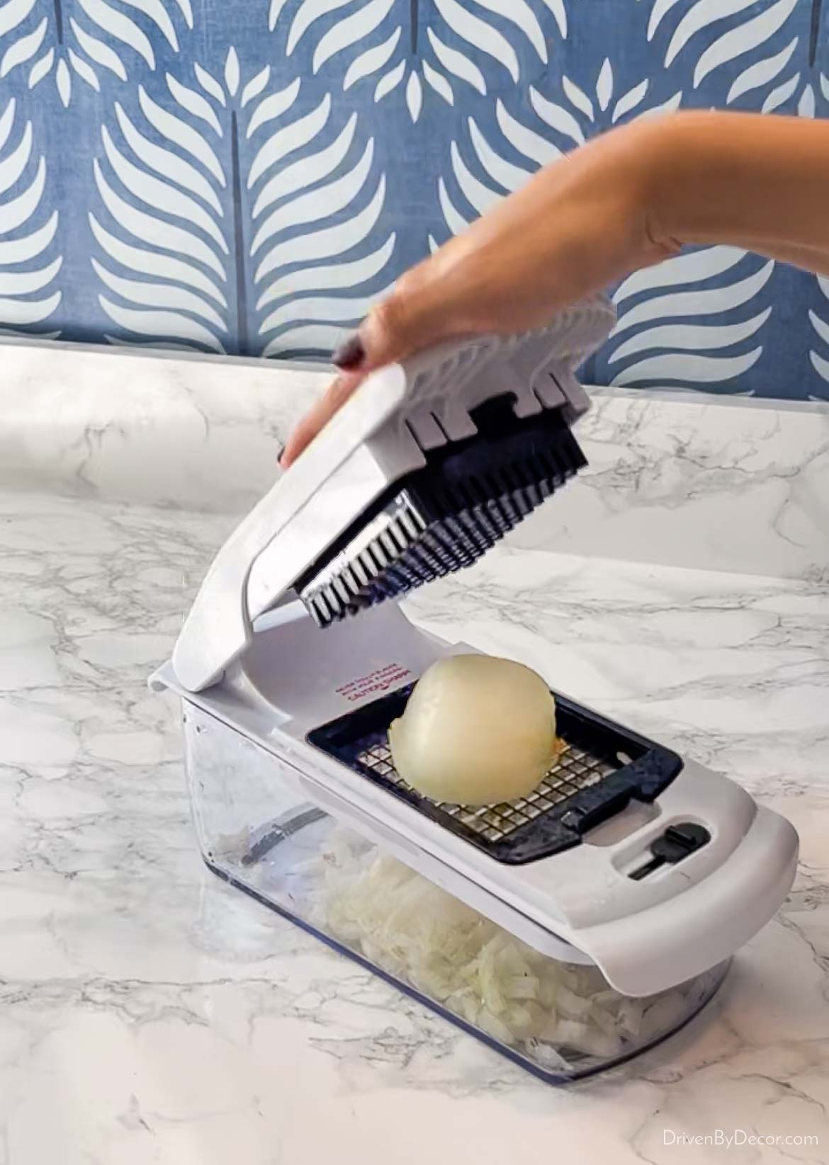 Chopping an onion with a vegetable chopper