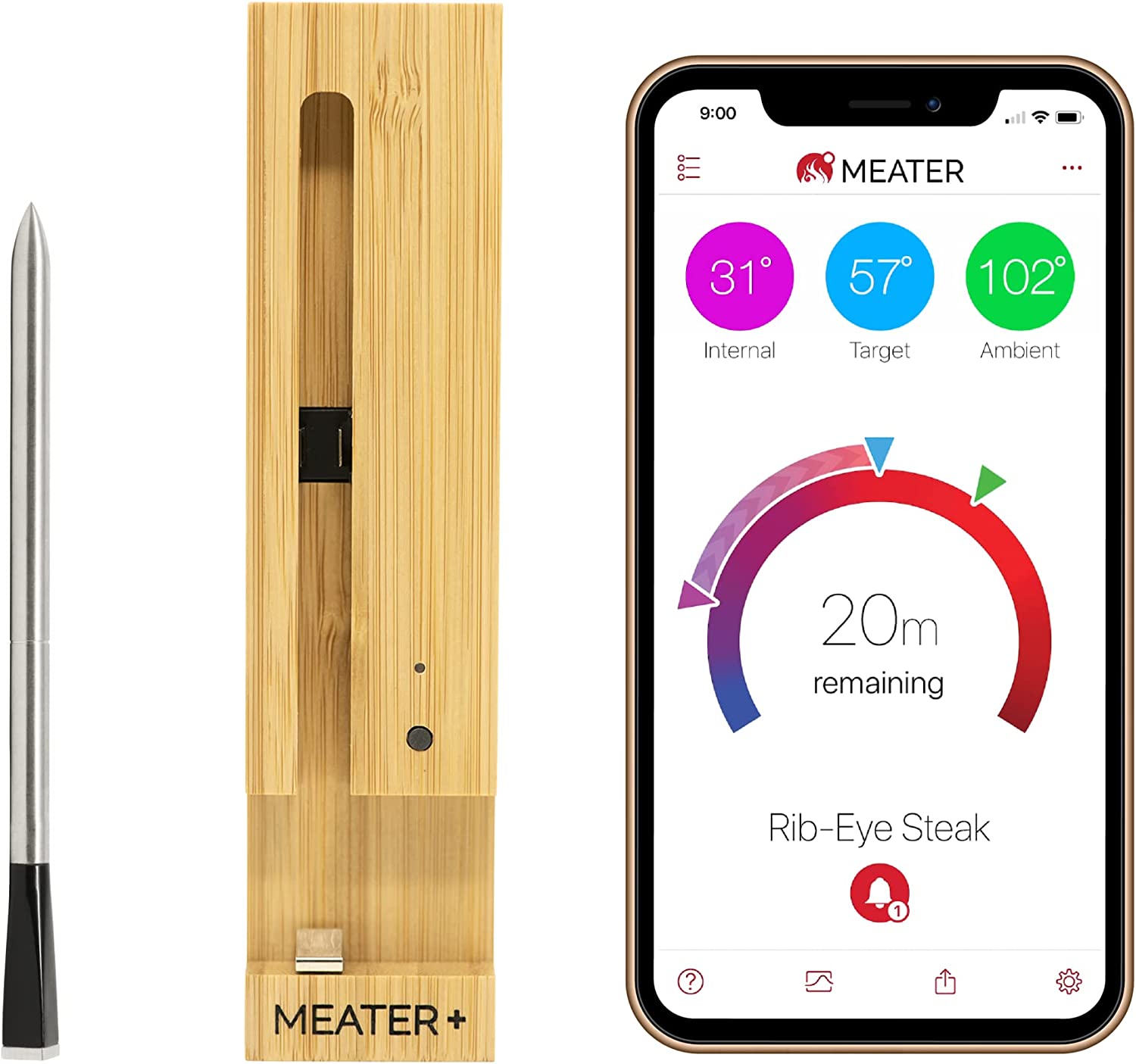 Meater plus smart meat Thermometer showing the thermometer and app on phone