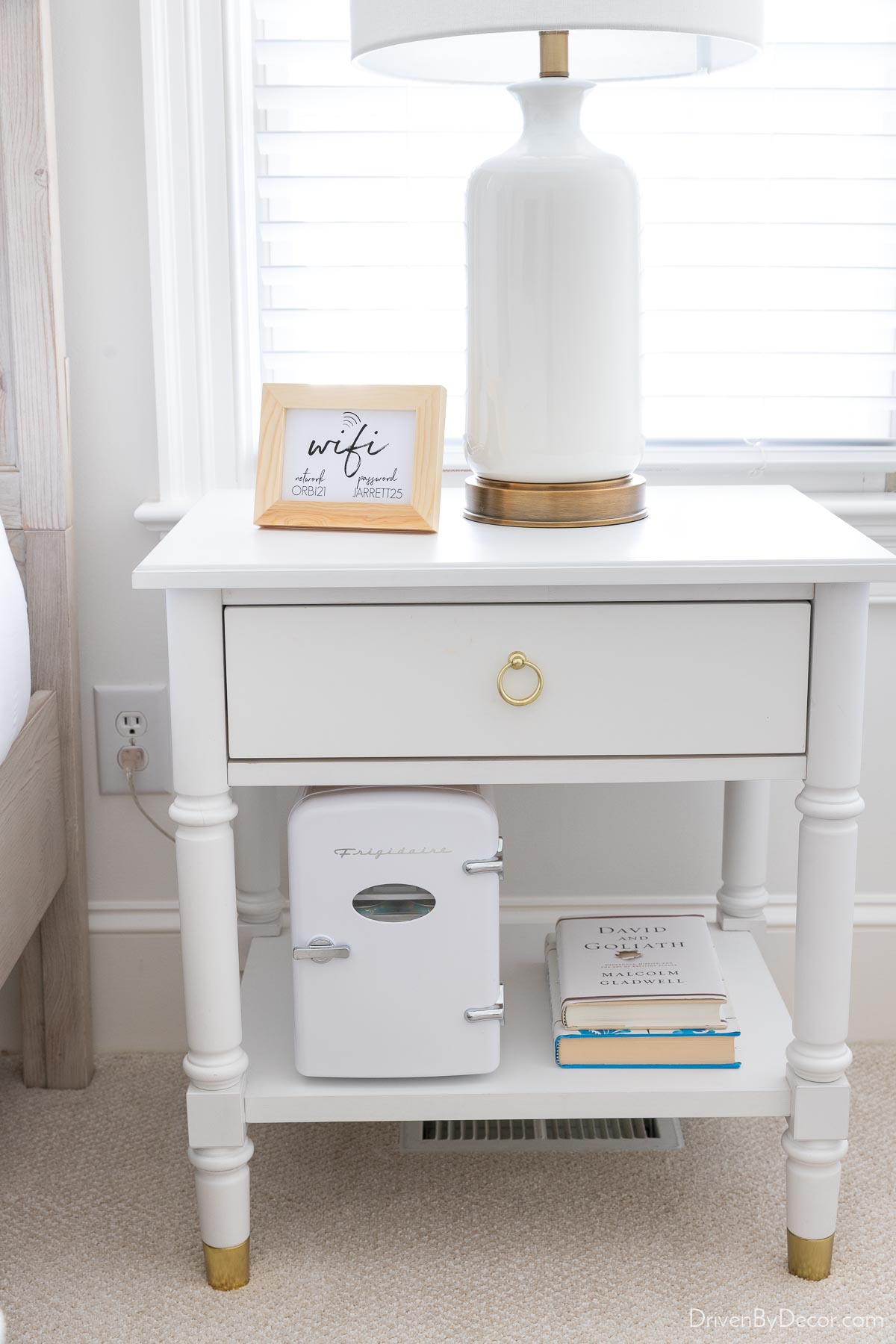 Mini fridge on nightstand shelf