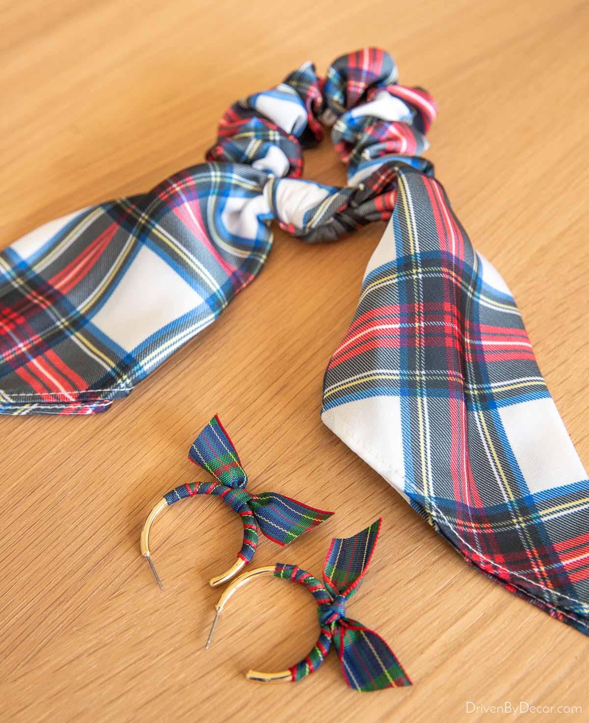 Cutest plaid ribbon wrapped hoop earrings & bow scrunchie