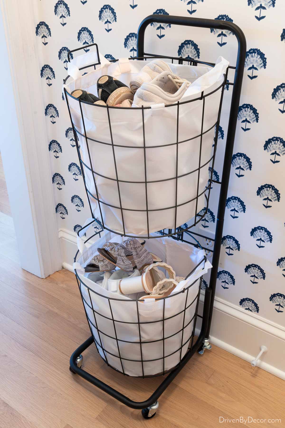 Two tier rolling storage baskets for entryway shoe storage