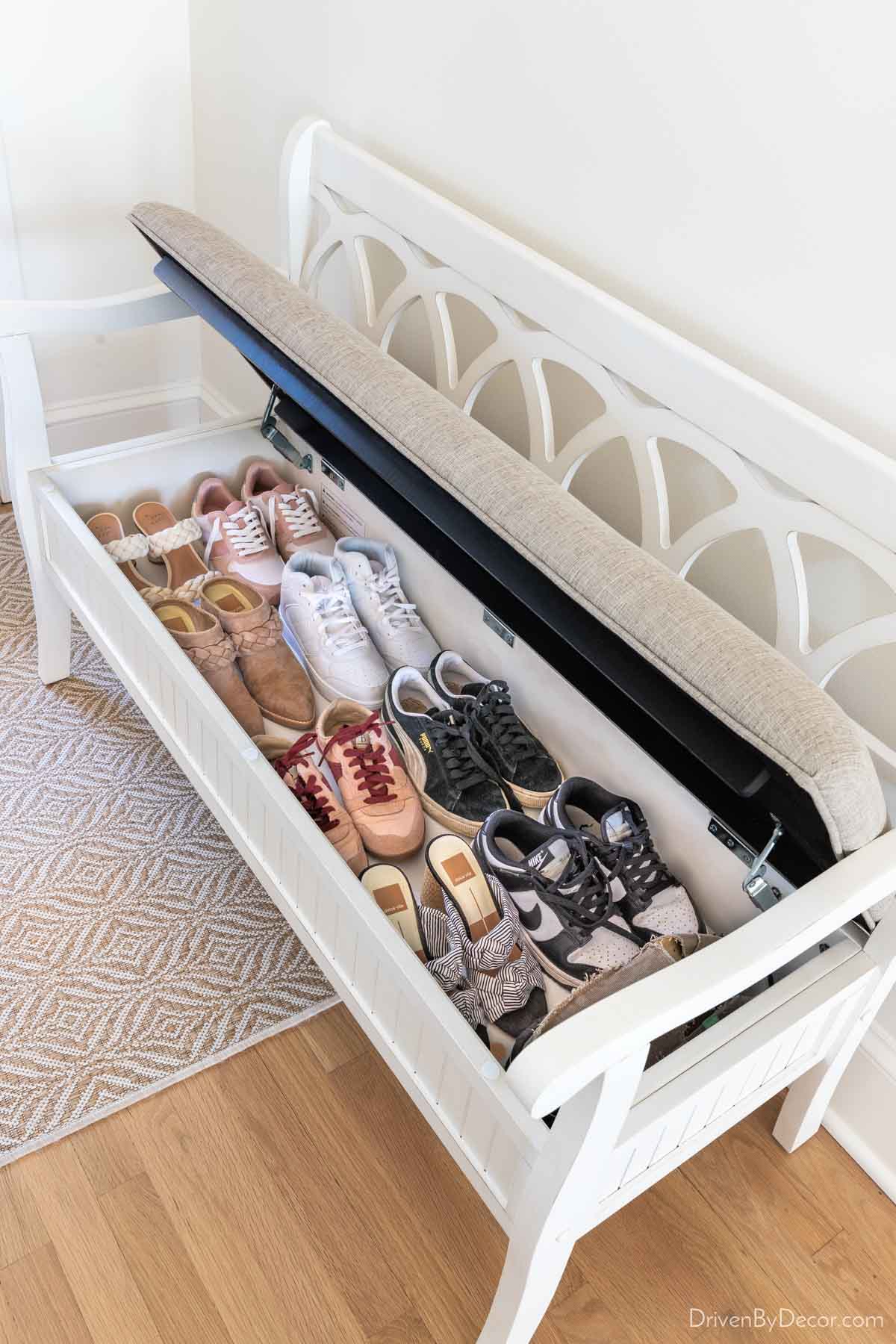 Flip top bench with entryway shoe storage inside