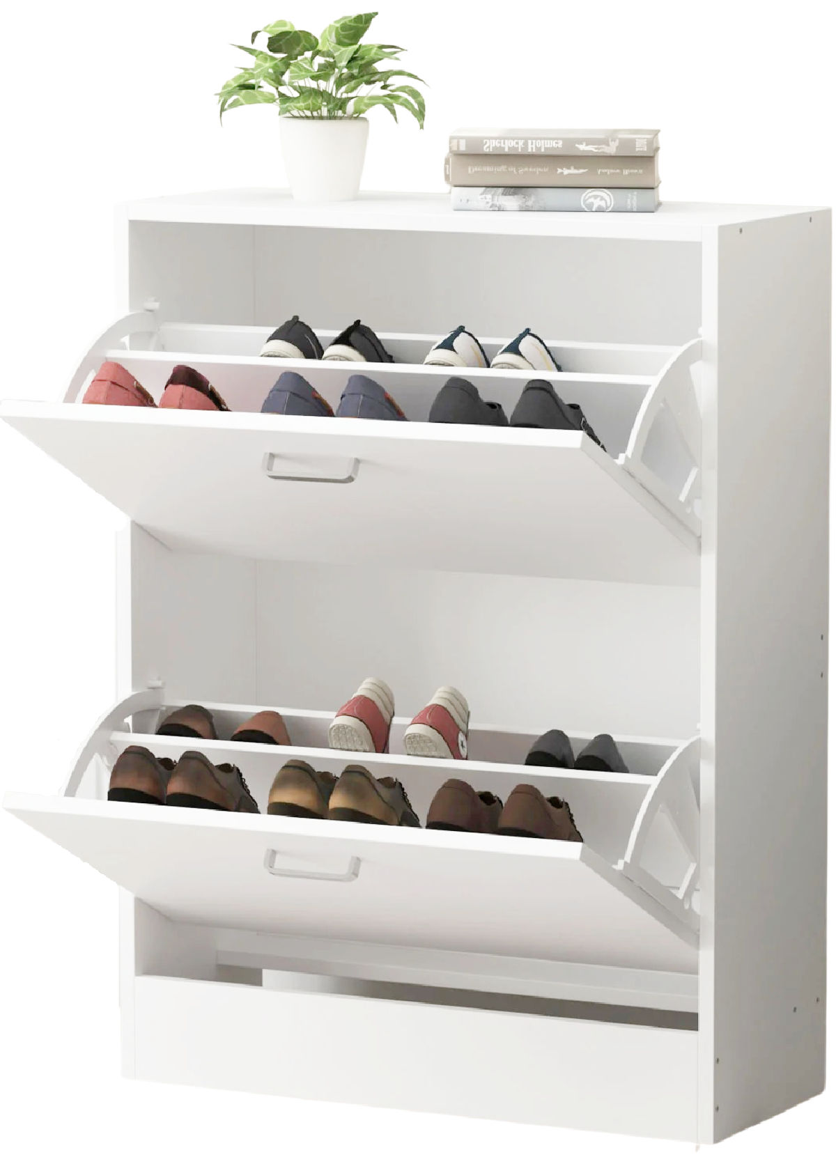 Shallow white cabinet with tilt out shoe storage - perfect for an entryway!