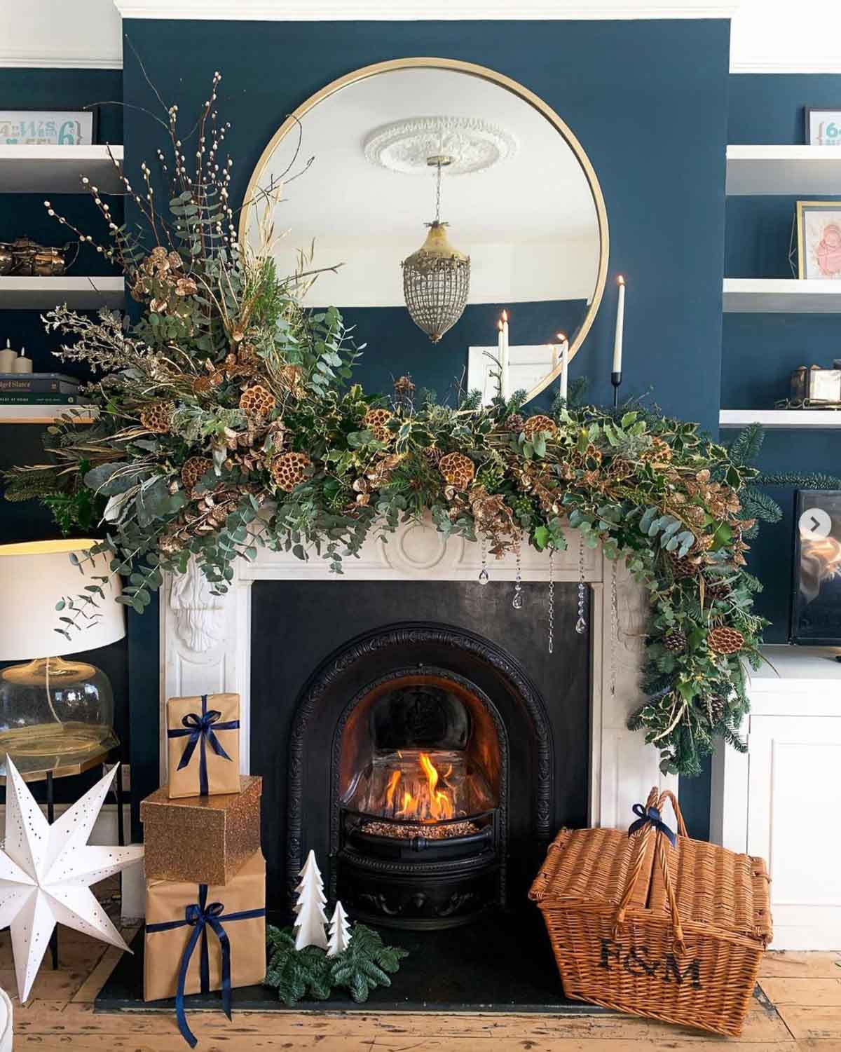 Farrow & Ball Hague Blue paint color on fireplace wall