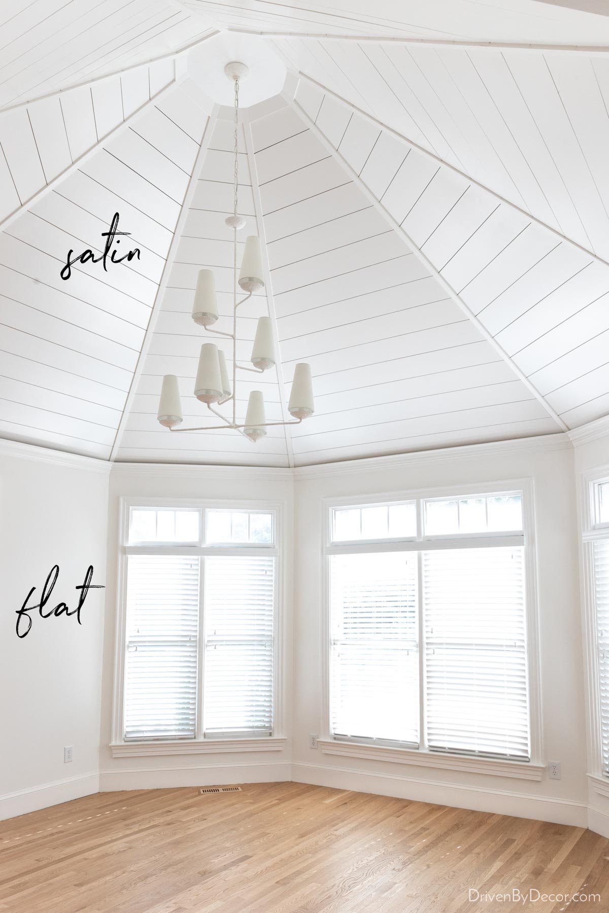 Satin finish shiplap ceiling and flat finish walls