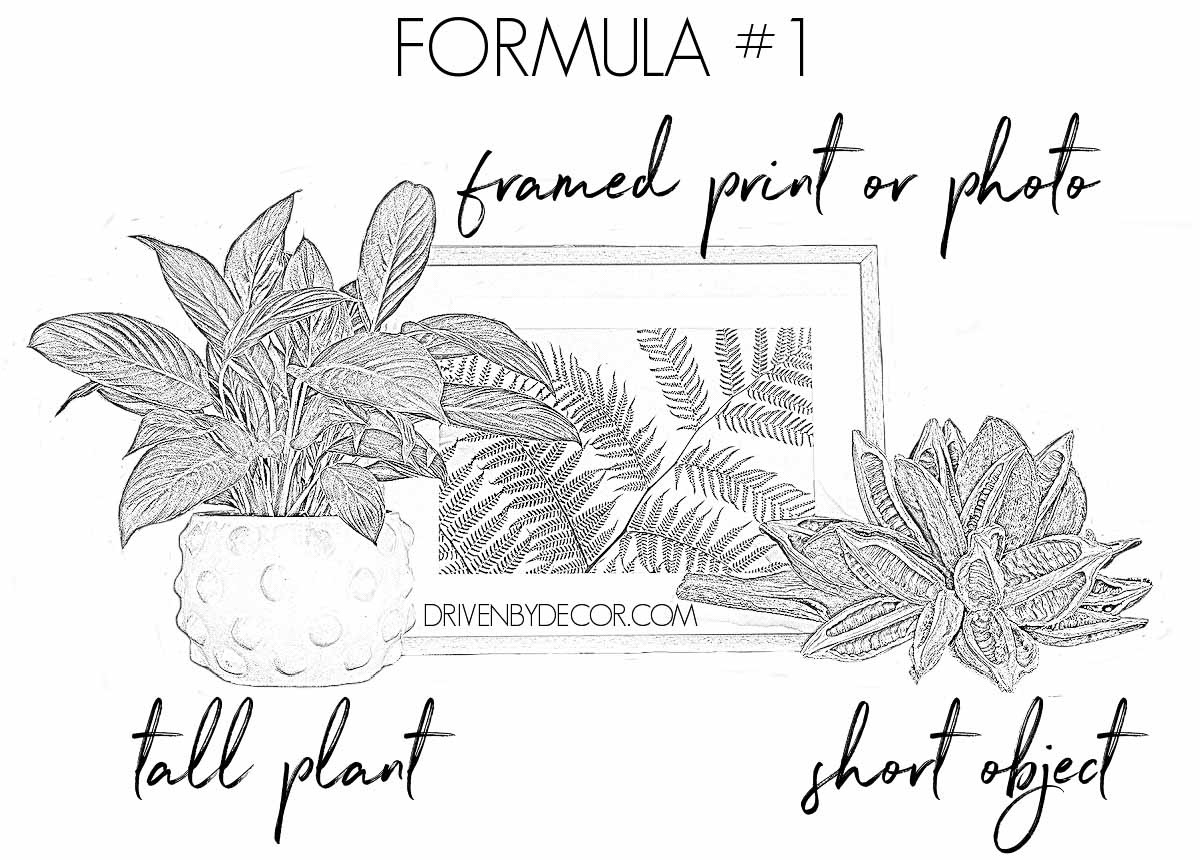 Formula for how to decorate a bookshelf - tall plant + framed print + small object
